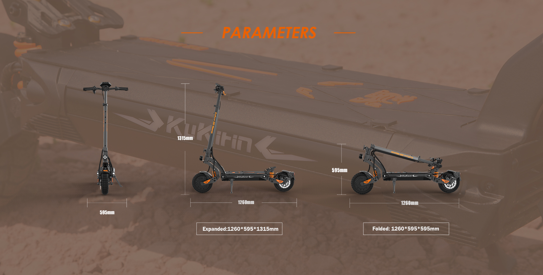 Uno scooter elettrico nero e arancione mostrato in tre modi: in piedi, espanso e piegato.