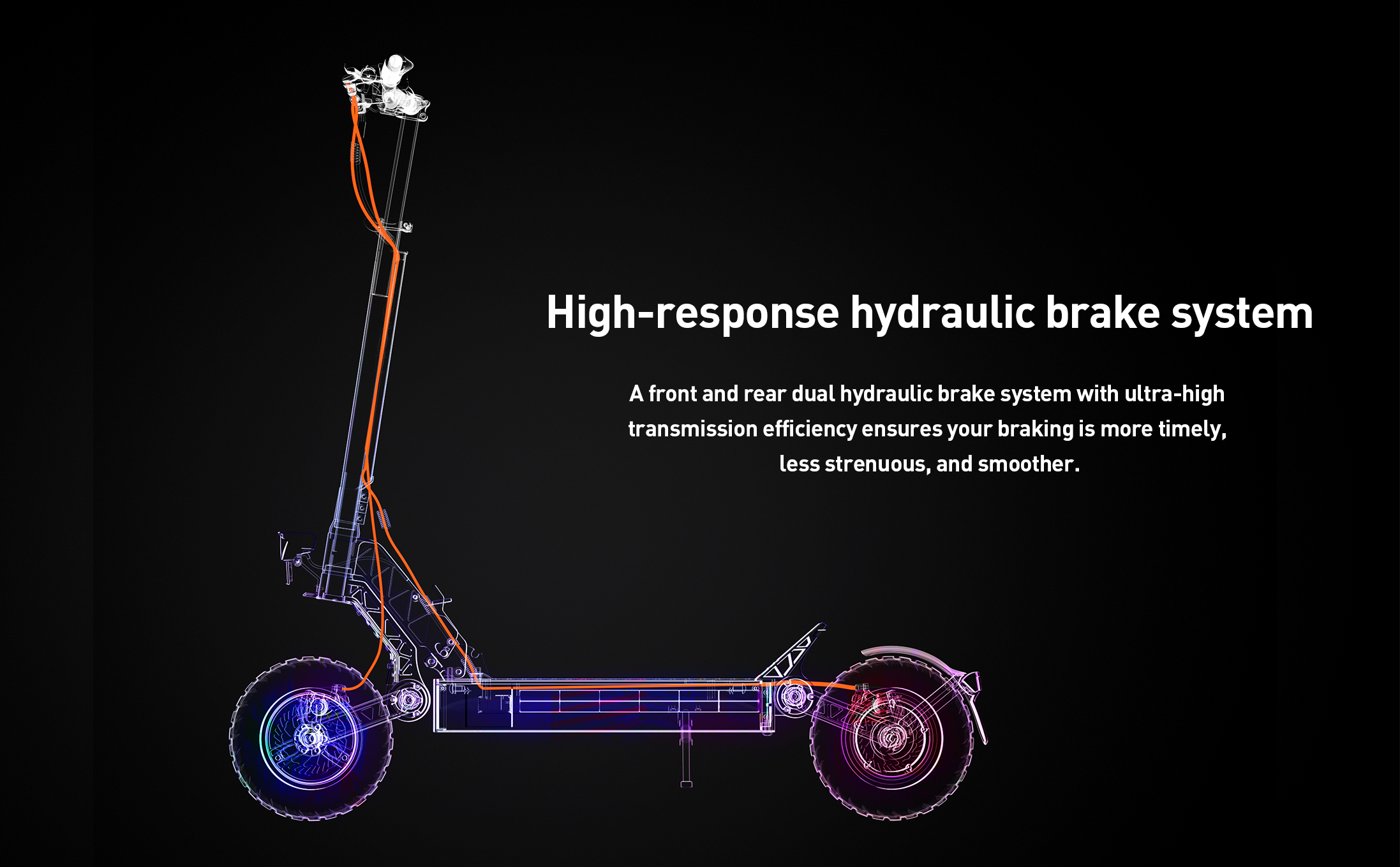 Disegno tecnico di uno scooter elettrico che evidenzia il suo sistema frenante idraulico.