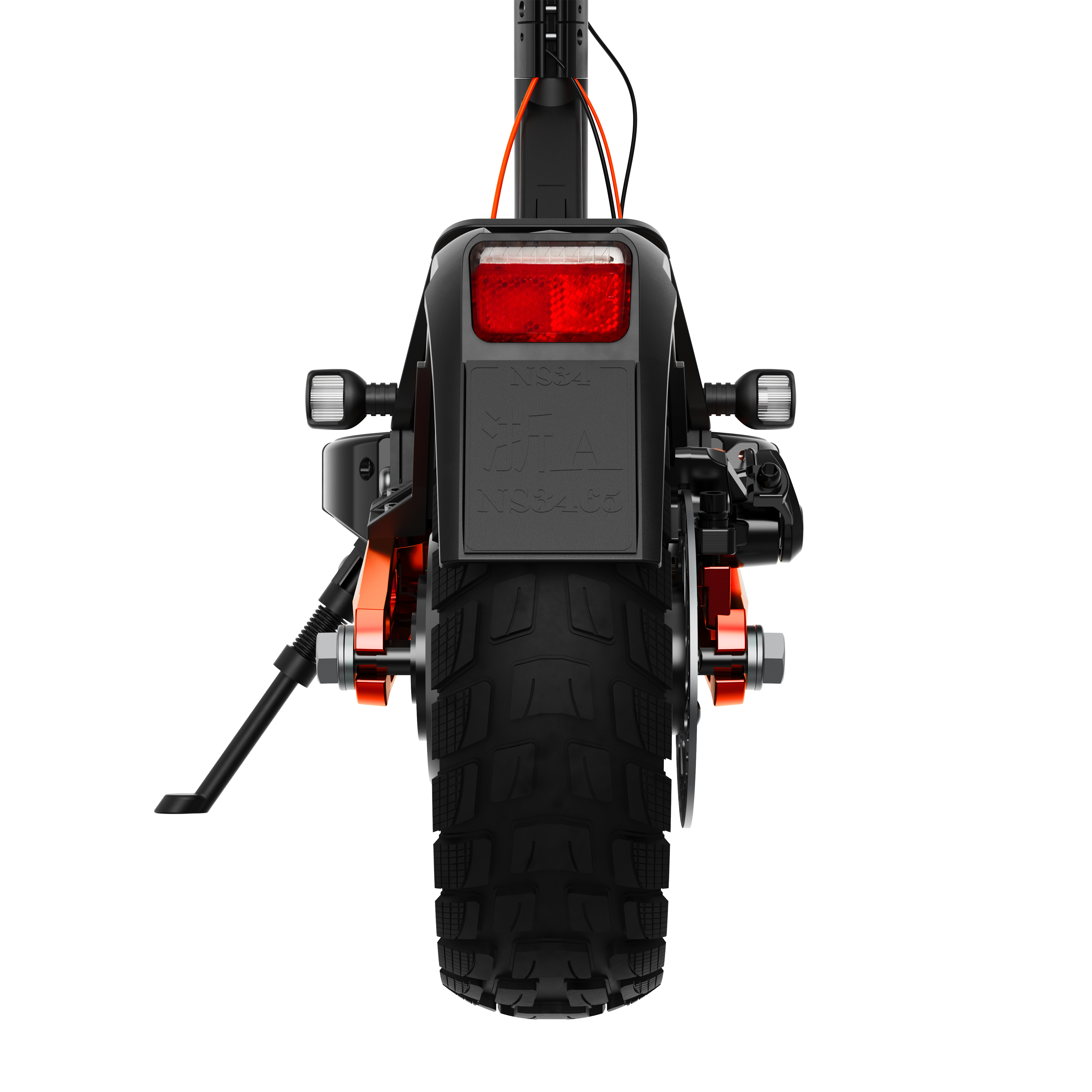Vista posteriore di uno scooter elettrico nero con pneumatico largo, fanale posteriore, frecce e targa.