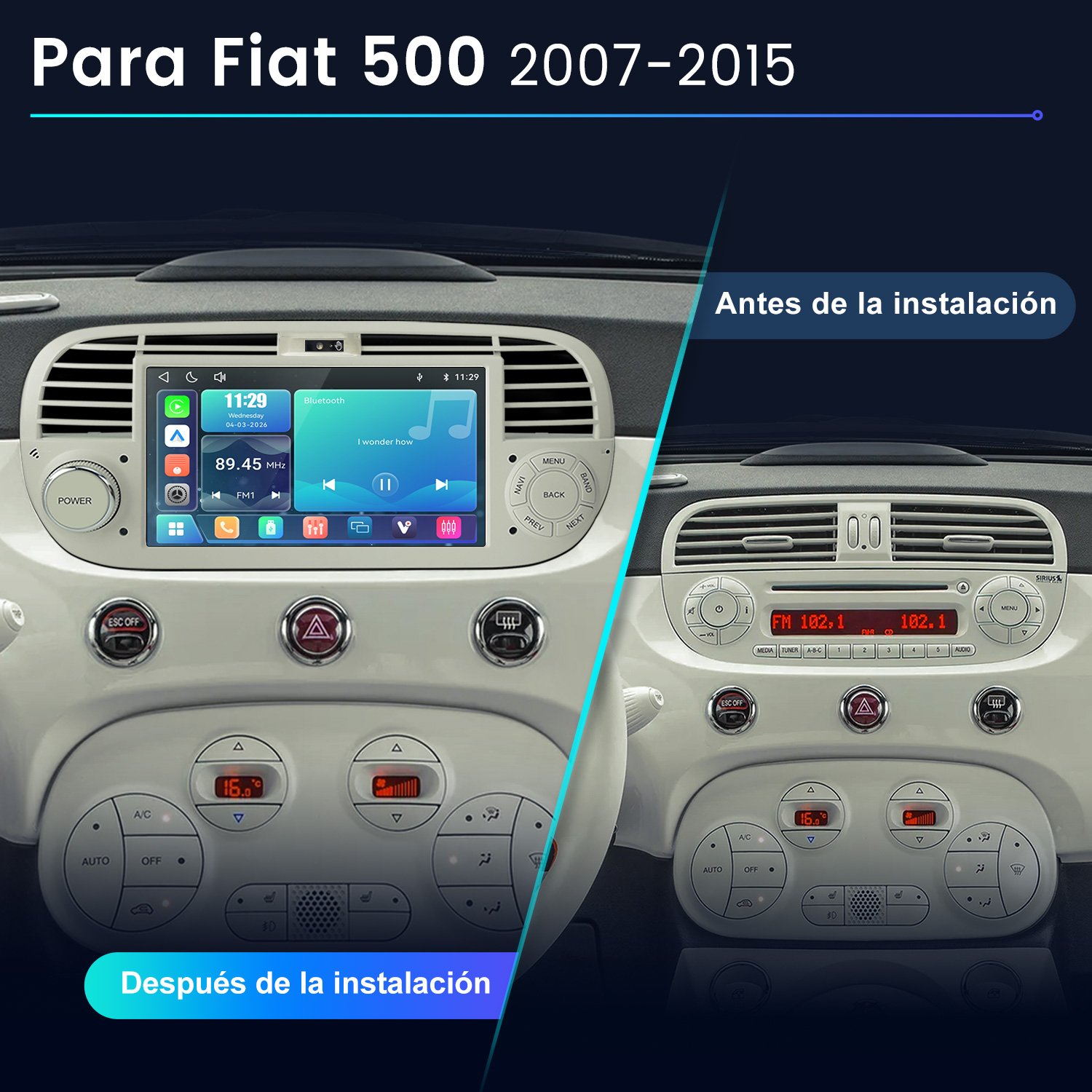 Comparación antes y después del salpicadero de un Fiat 500 con sistema de infoentretenimiento actualizado.