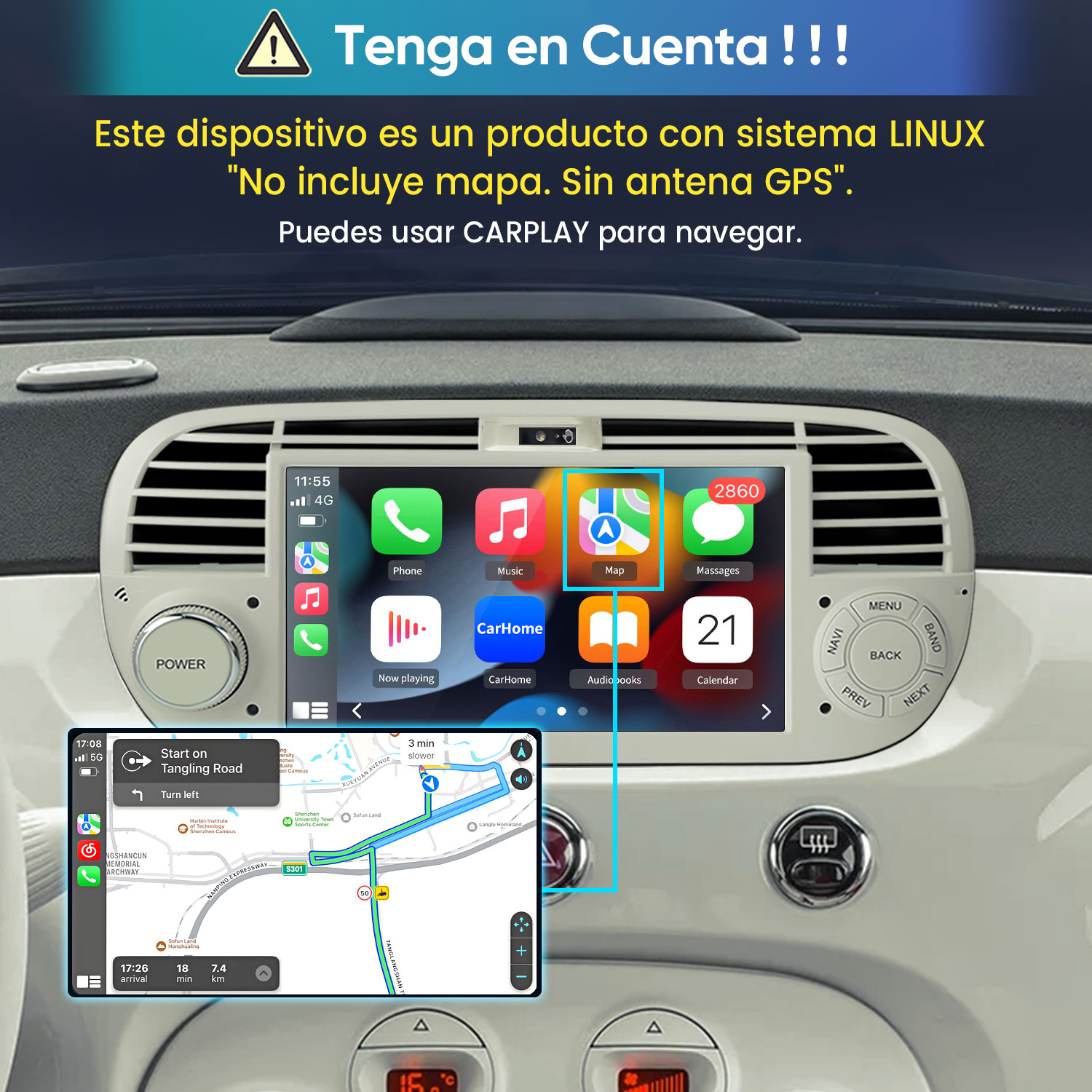Pantalla de infoentretenimiento del coche muestra CarPlay con navegación de mapas.