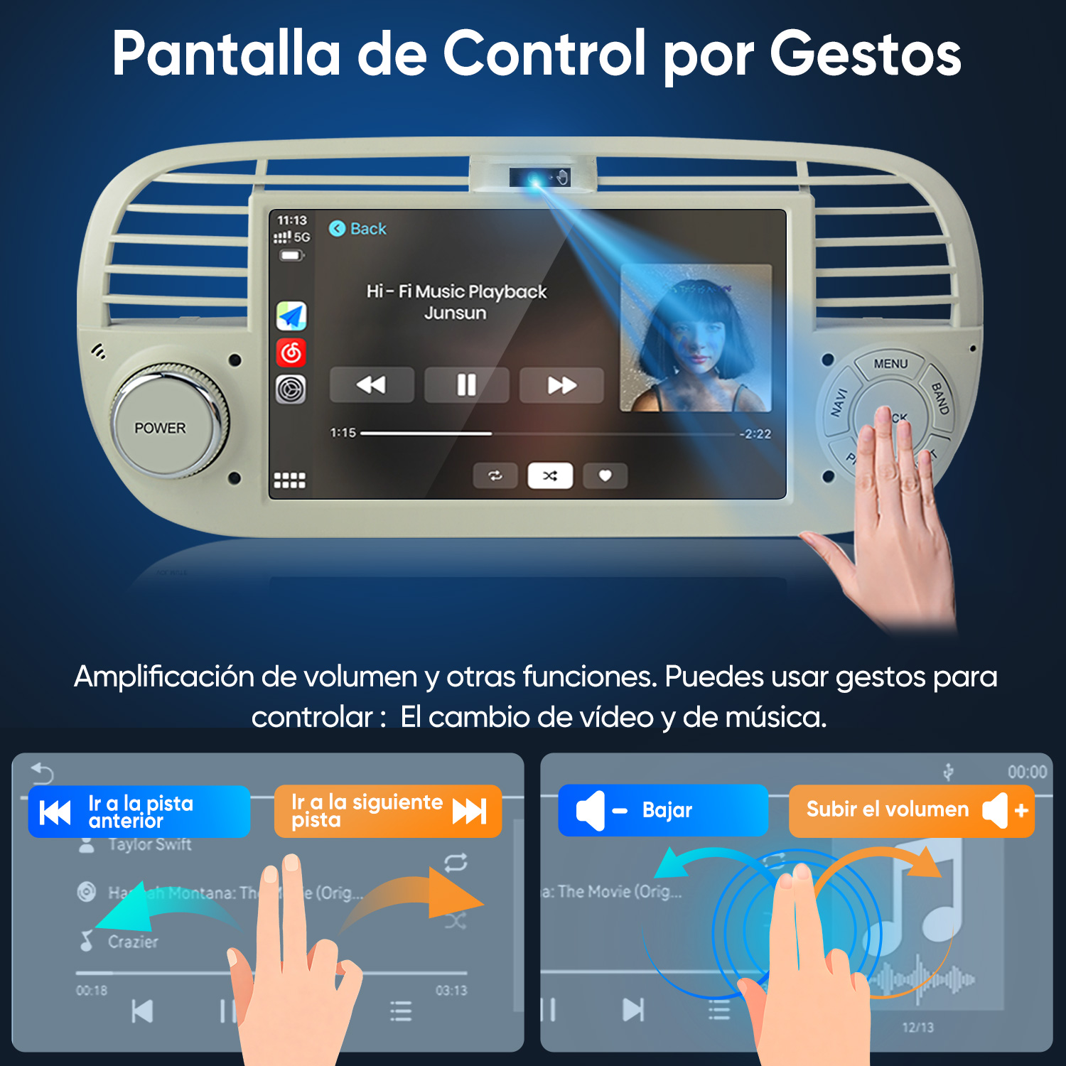 Sistema de infoentretenimiento para automóvil con pantalla táctil que muestra música y controles de volumen.