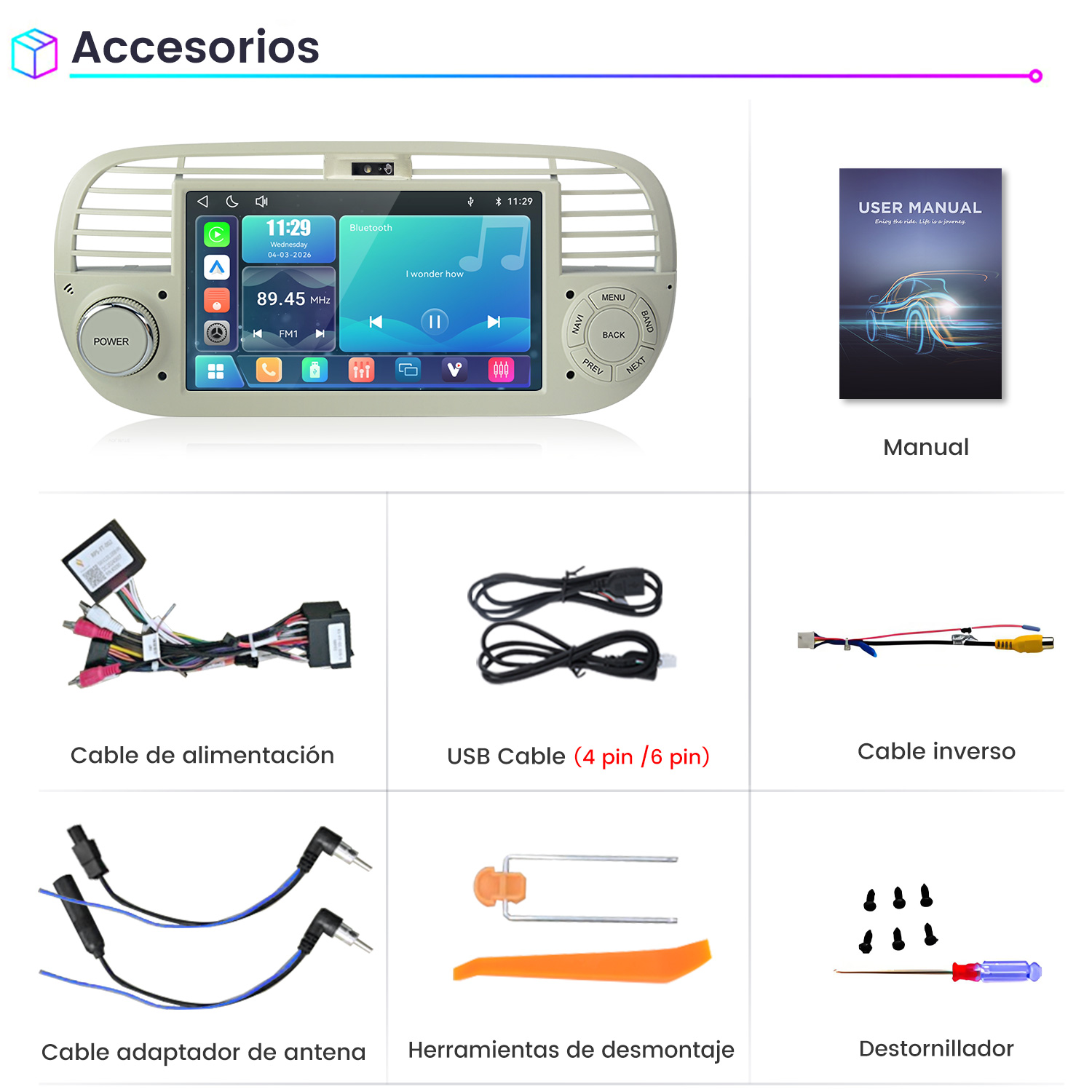 Accesorios de autorradio: cables, herramientas y manual.
