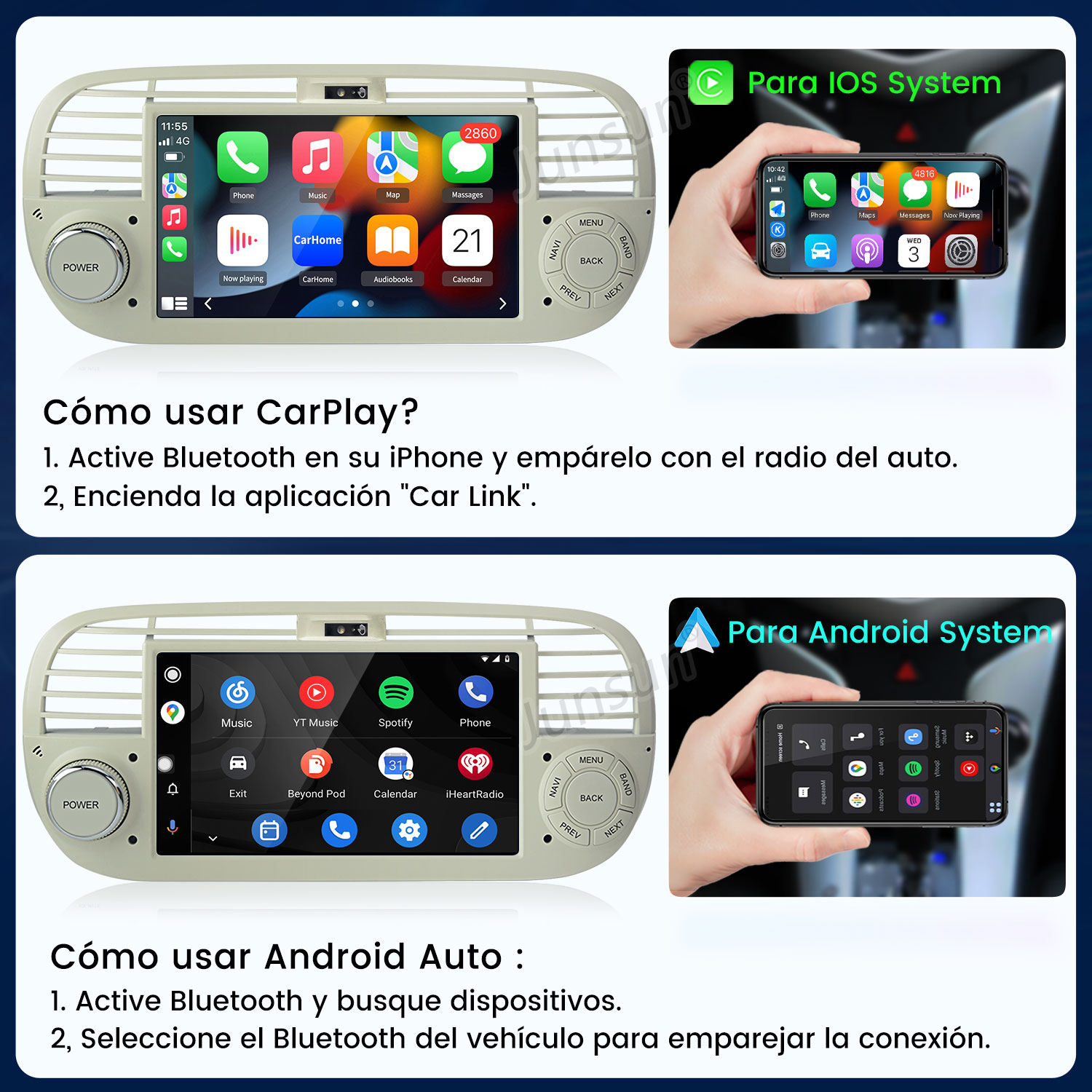 Pantalla de coche con CarPlay y mano sosteniendo un iPhone con CarPlay.