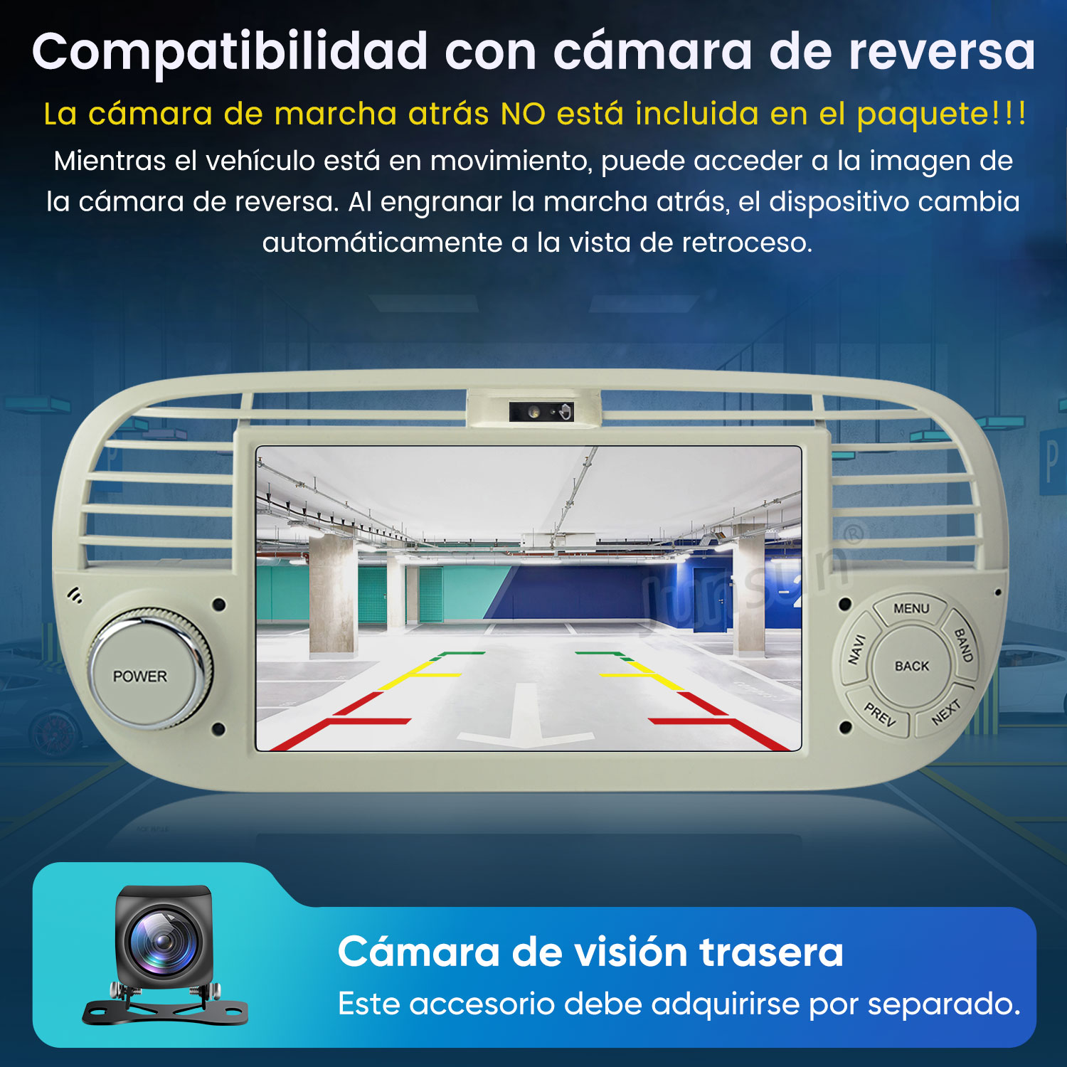 Un estéreo de coche muestra una vista trasera de garaje con líneas guía.