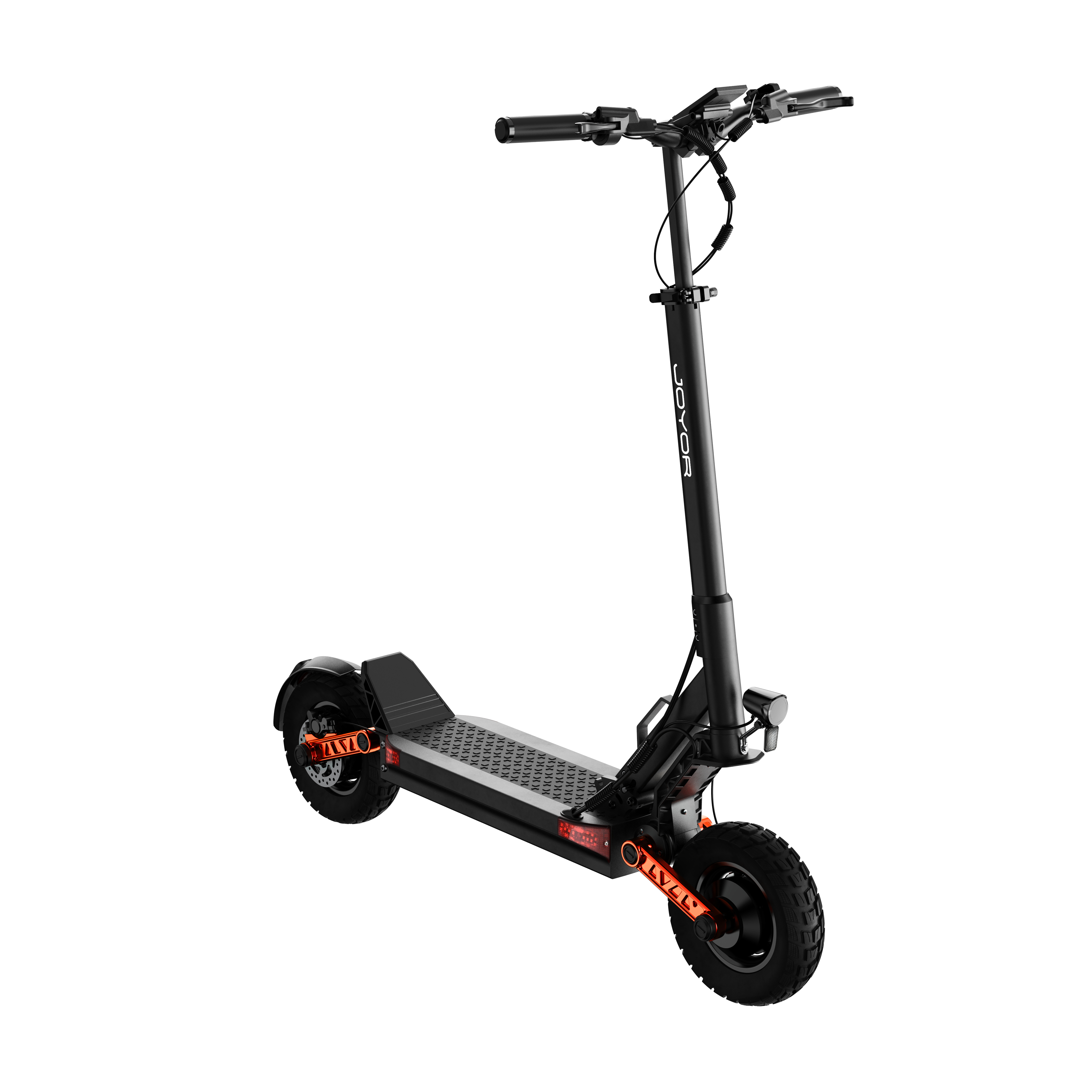 Uno scooter elettrico nero con accenti arancioni è mostrato su sfondo bianco.