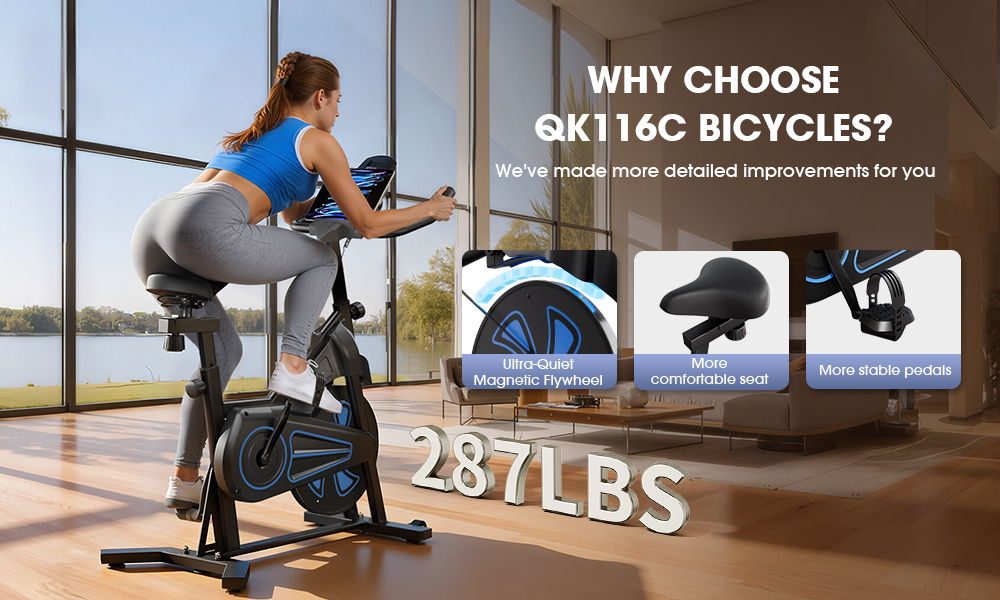Donna su cyclette con testo su caratteristiche e peso.