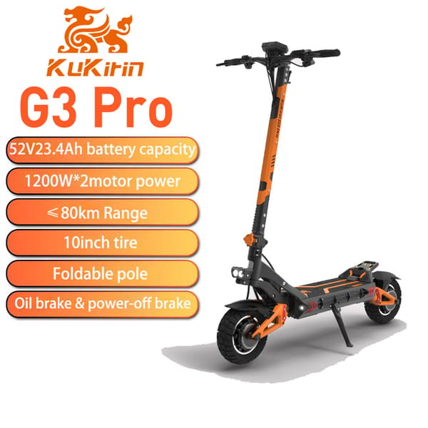 Monopattino elettrico arancione e nero con specifiche: 52V, 1200W*2, autonomia 80km, gomme 10 pollici.