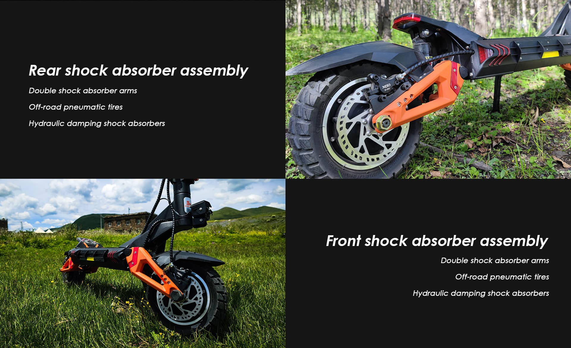 Uno scooter con sospensioni arancioni e pneumatici grandi sull'erba.