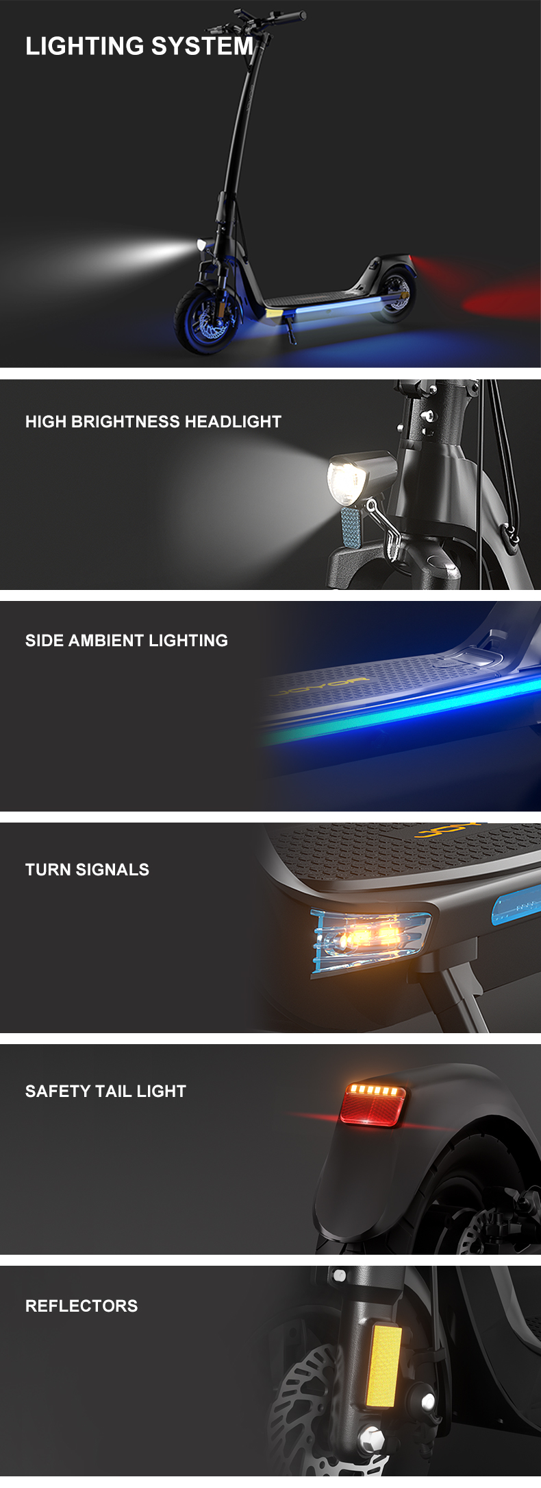 Uno scooter elettrico nero con faro illuminato, luci laterali, indicatori di direzione, fanale posteriore e catarifrangenti.
