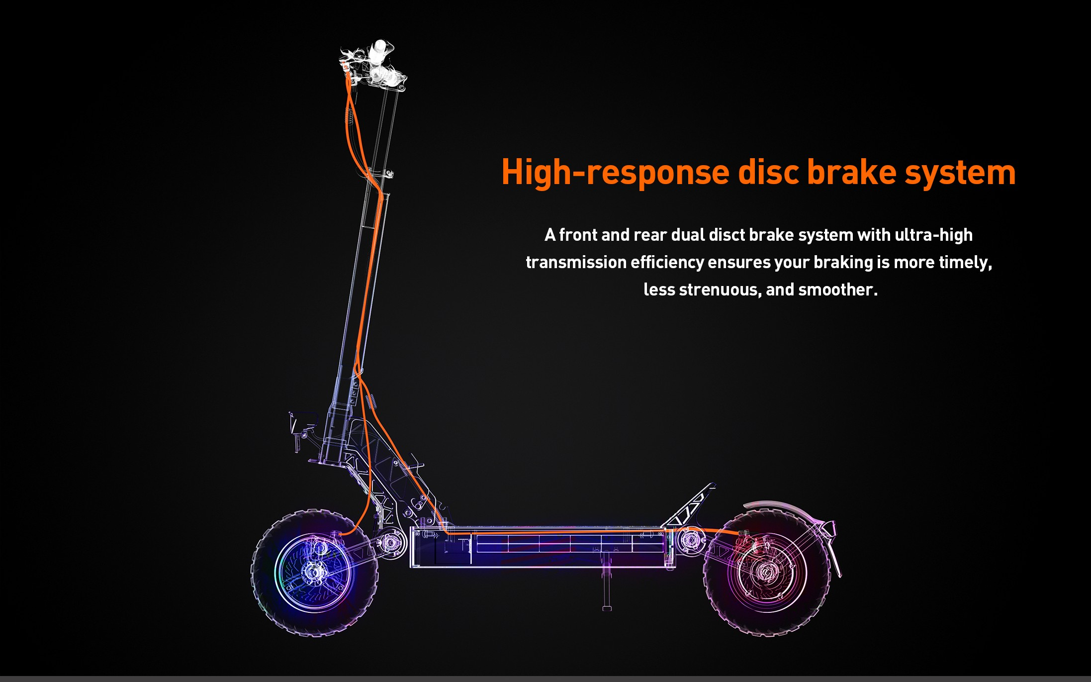 Diagramma del sistema frenante a disco di un monopattino elettrico con linee arancioni.