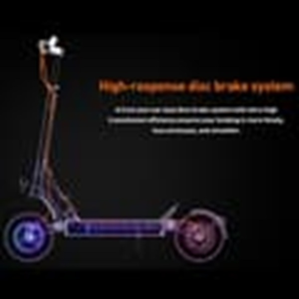 Uno e-scooter con ruote luminose e testo sul suo sistema frenante.