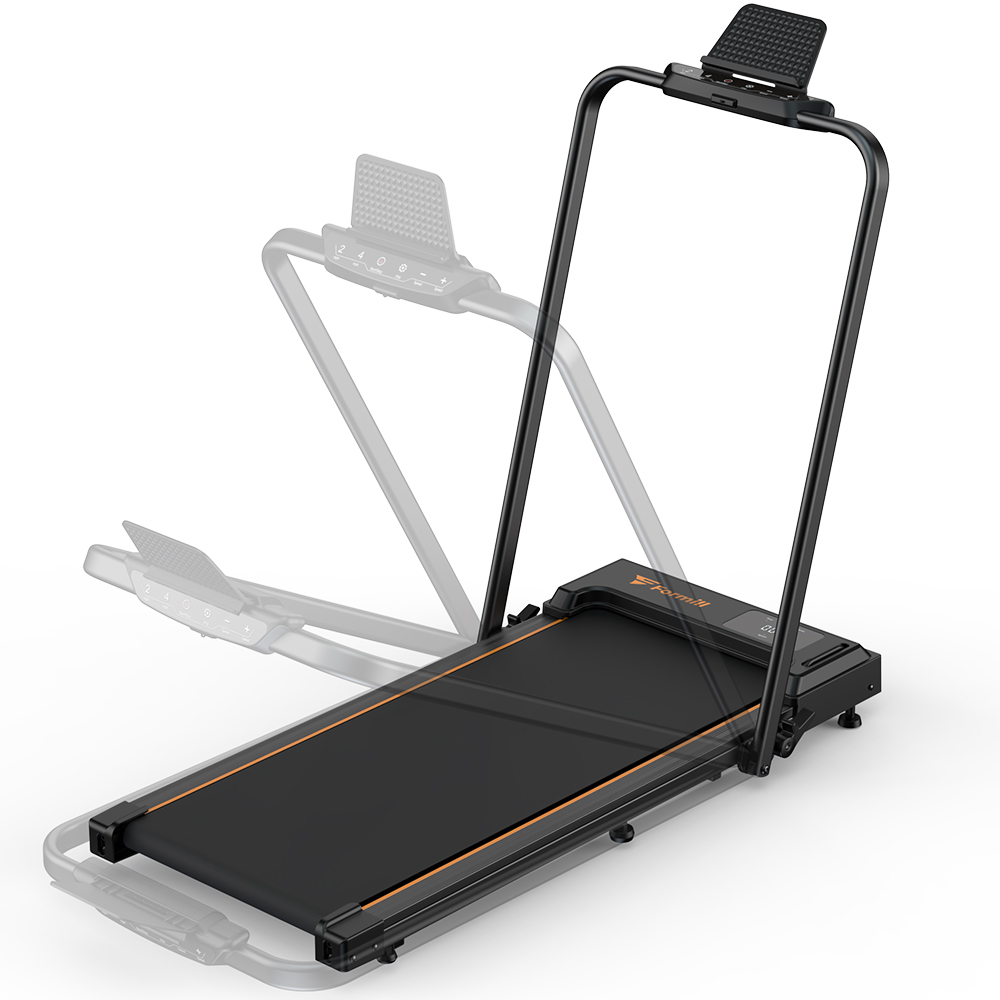 Un tapis roulant nero con accenti arancioni e porta telefono.