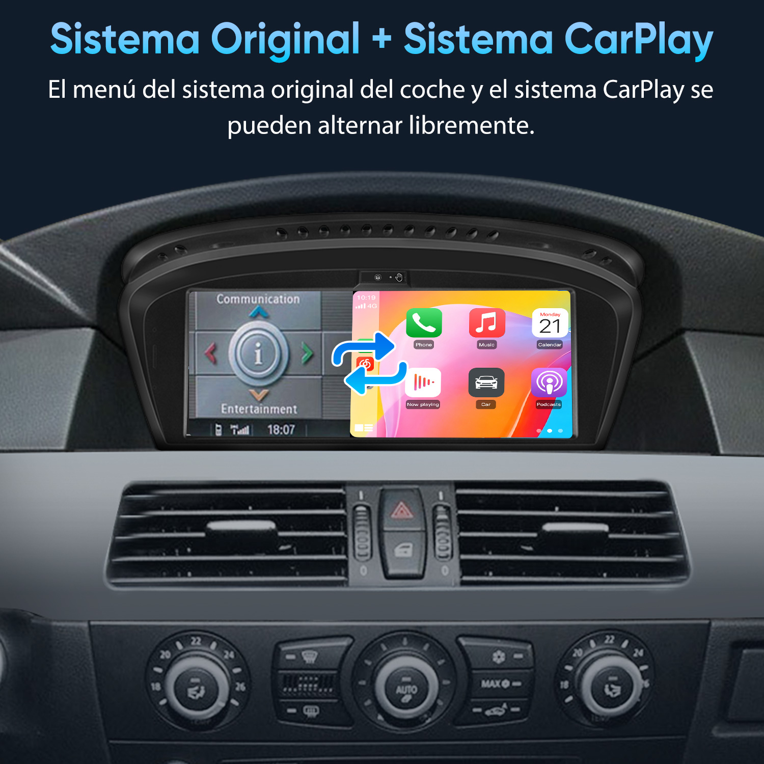 Salpicadero de coche que muestra un sistema de infoentretenimiento con CarPlay.