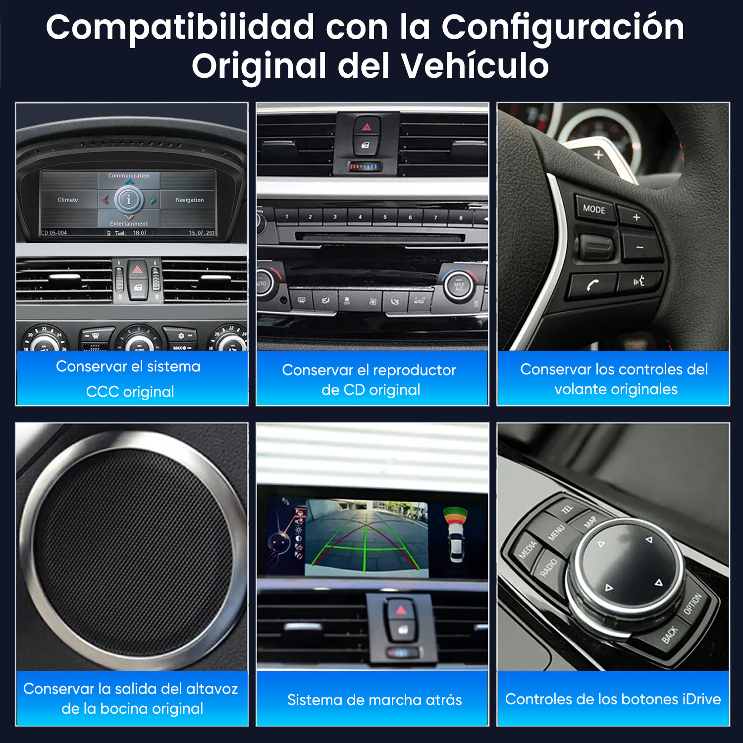 Seis imágenes muestran sistemas de infoentretenimiento de coche: pantalla, CD, volante, altavoz, cámara trasera, controlador iDrive.