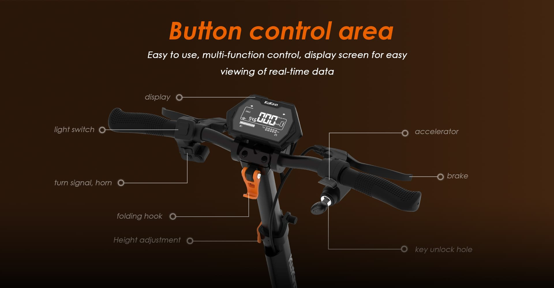 Manubrio monopattino con display, interruttore luce, clacson, acceleratore e freno.