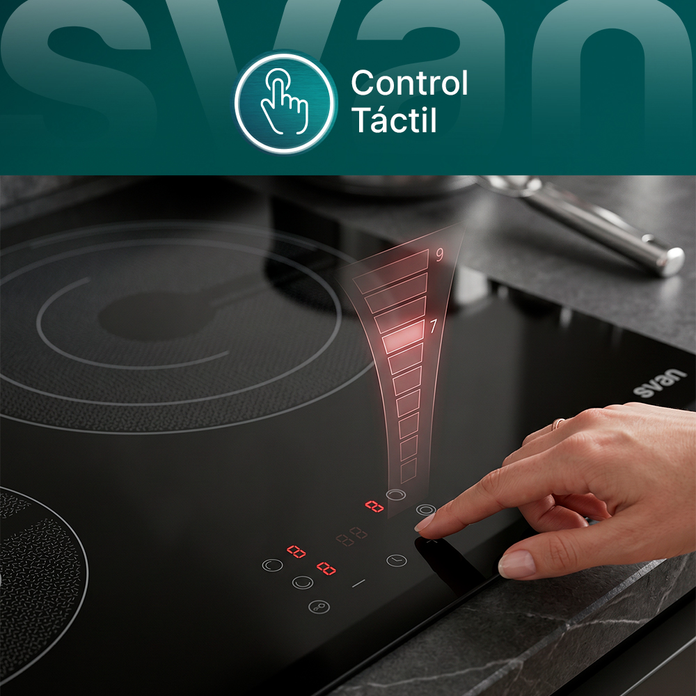 Una mano opera una placa de inducción con controles táctiles y pantalla digital.
