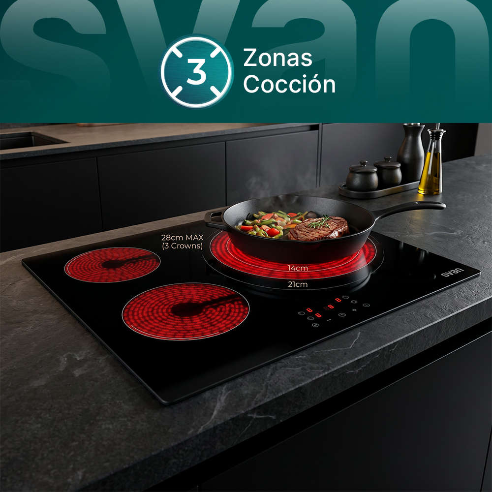 Placa de inducción negra con tres zonas de cocción rojas. Una sartén con filete y verduras se calienta.