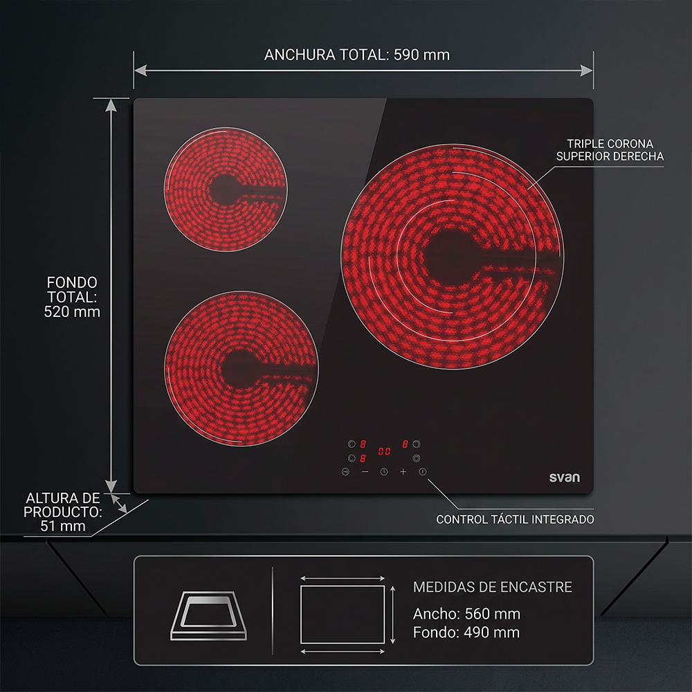 Placa de inducción negra con tres zonas de calor rojas y controles táctiles. Se muestran las dimensiones.