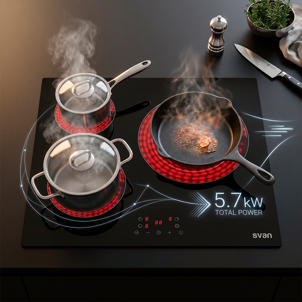 Dos ollas y una sartén en una placa de inducción con vapor. Potencia total 5,7 kW.