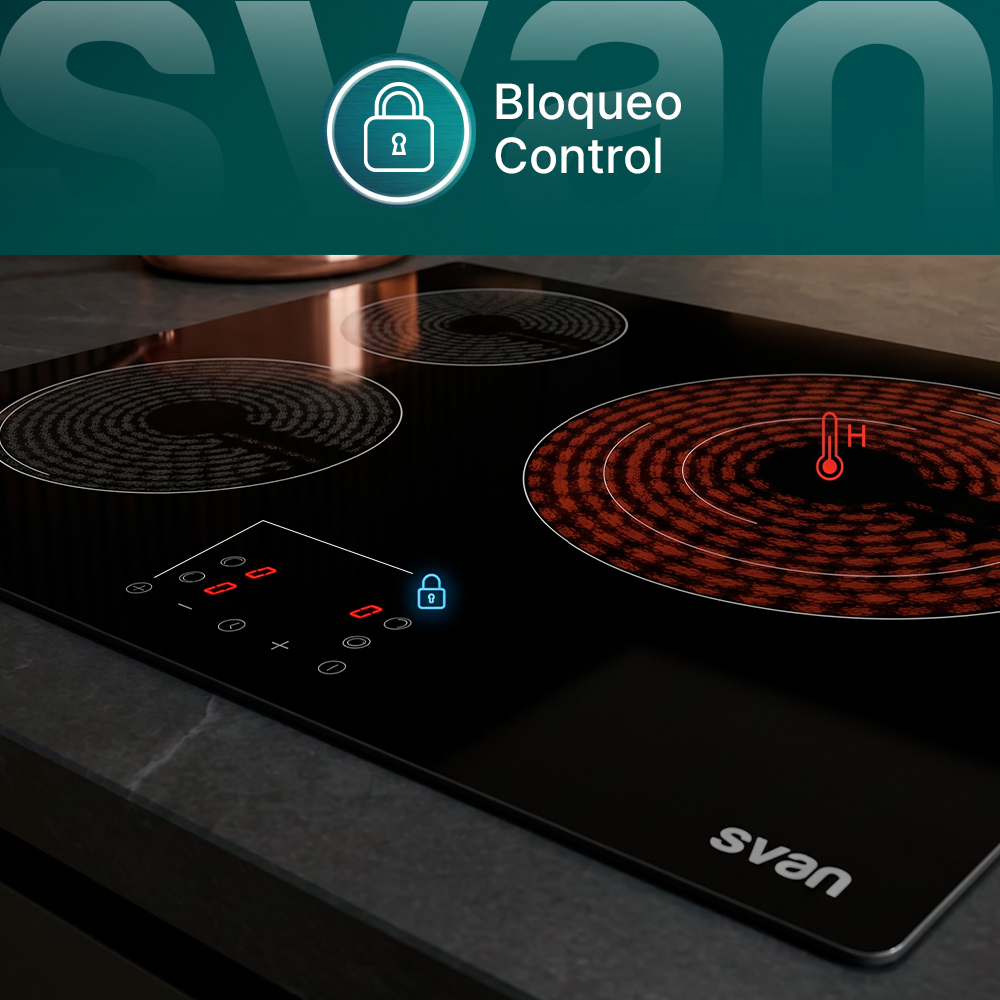 Una placa de inducción Svan con cuatro zonas de cocción, una con símbolo de calor.