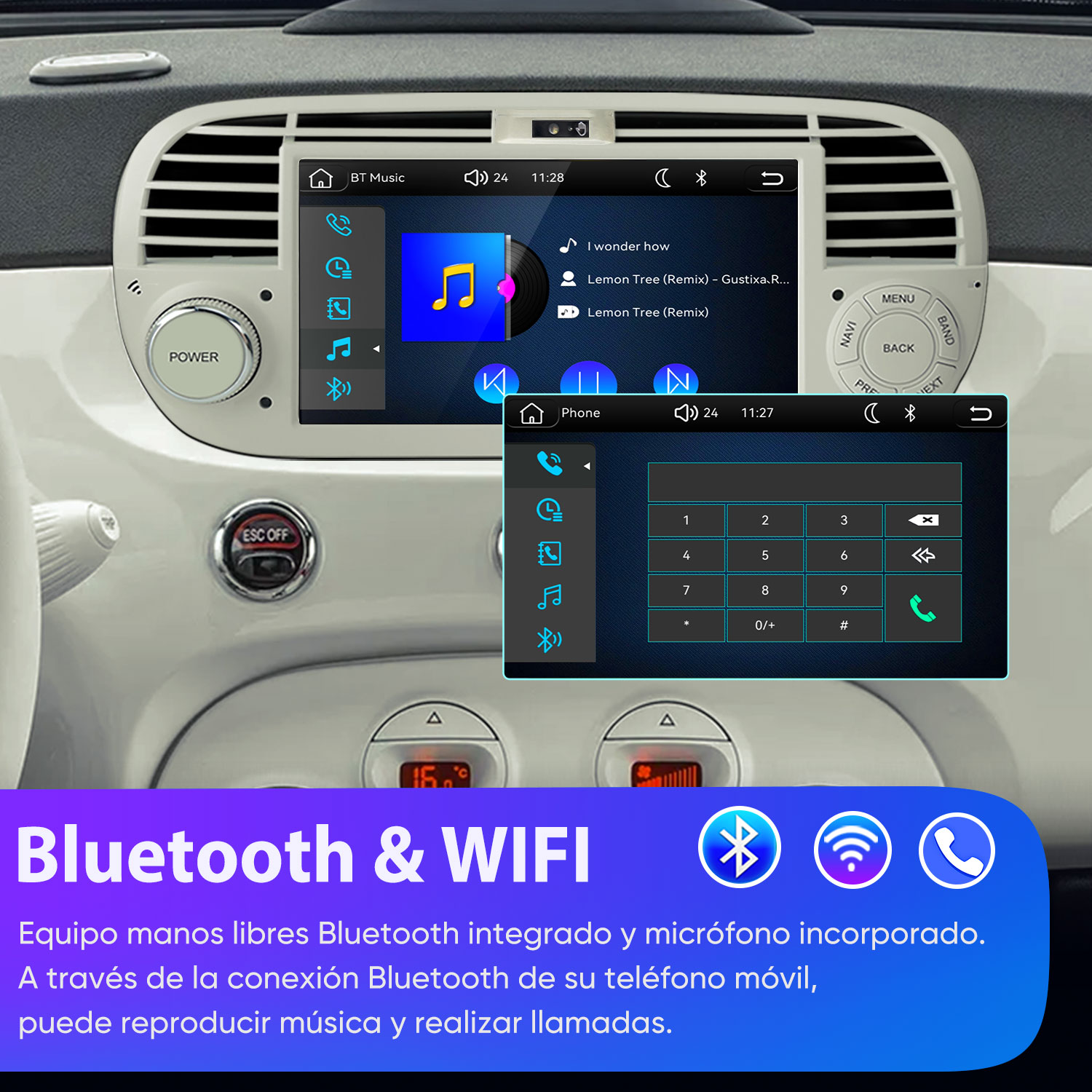 Salpicadero de coche con pantalla táctil que muestra música y app de teléfono.