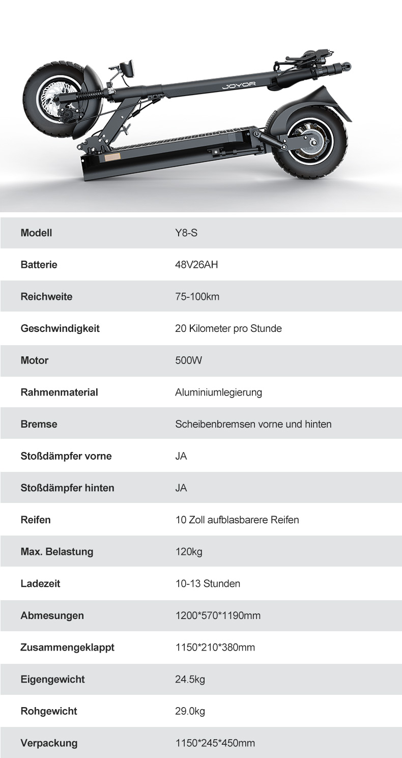 Ein schwarzer JOYOR E-Scooter Modell Y8-S, zusammengeklappt, mit technischen Daten.