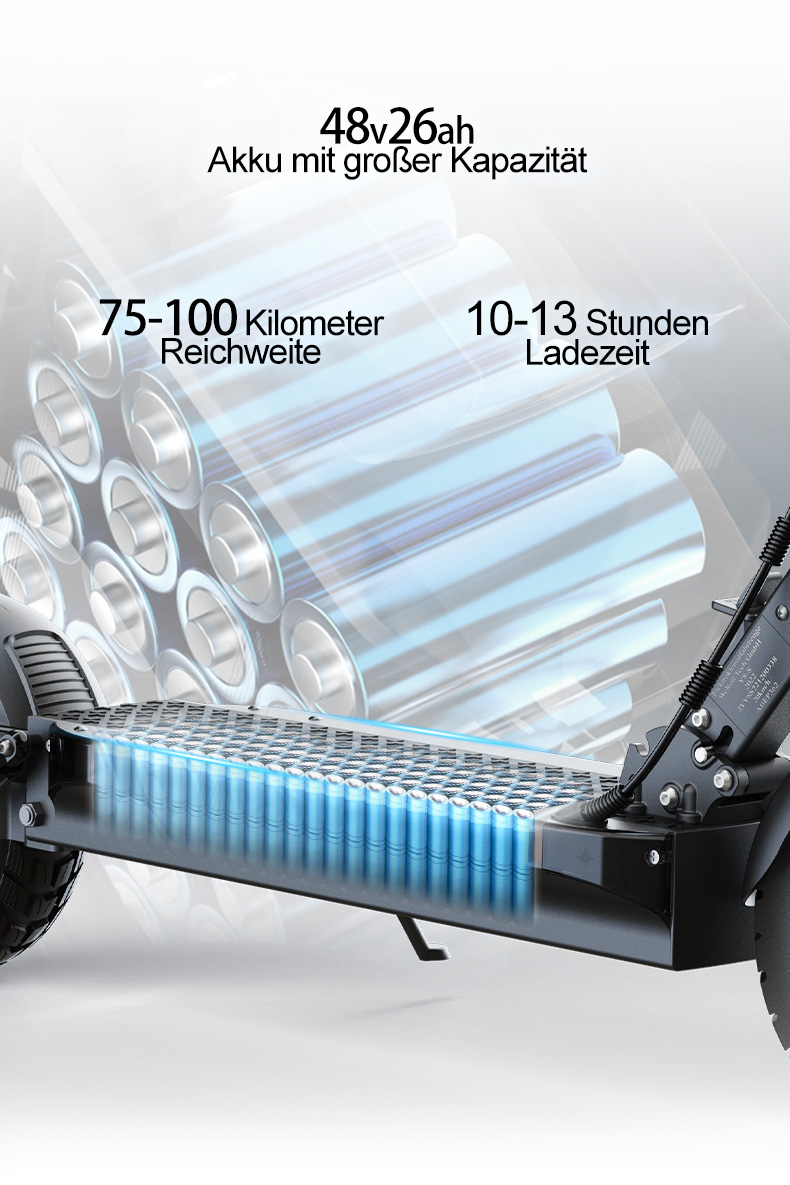 Elektroroller-Akku mit 48V 26Ah, 75-100km Reichweite, 10-13h Ladezeit.