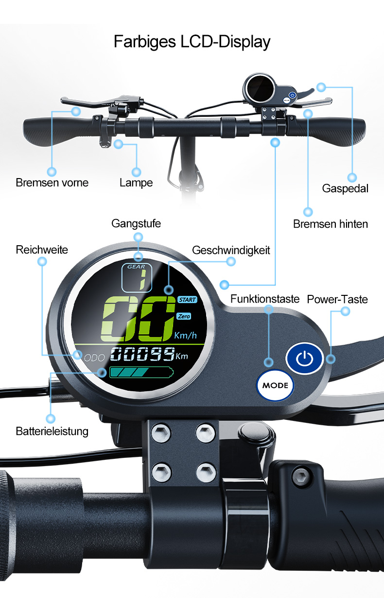 Nahaufnahme eines E-Scooter-Lenkers mit Farb-LCD-Display, das Geschwindigkeit, Gang, Reichweite, Batteriestatus anzeigt.