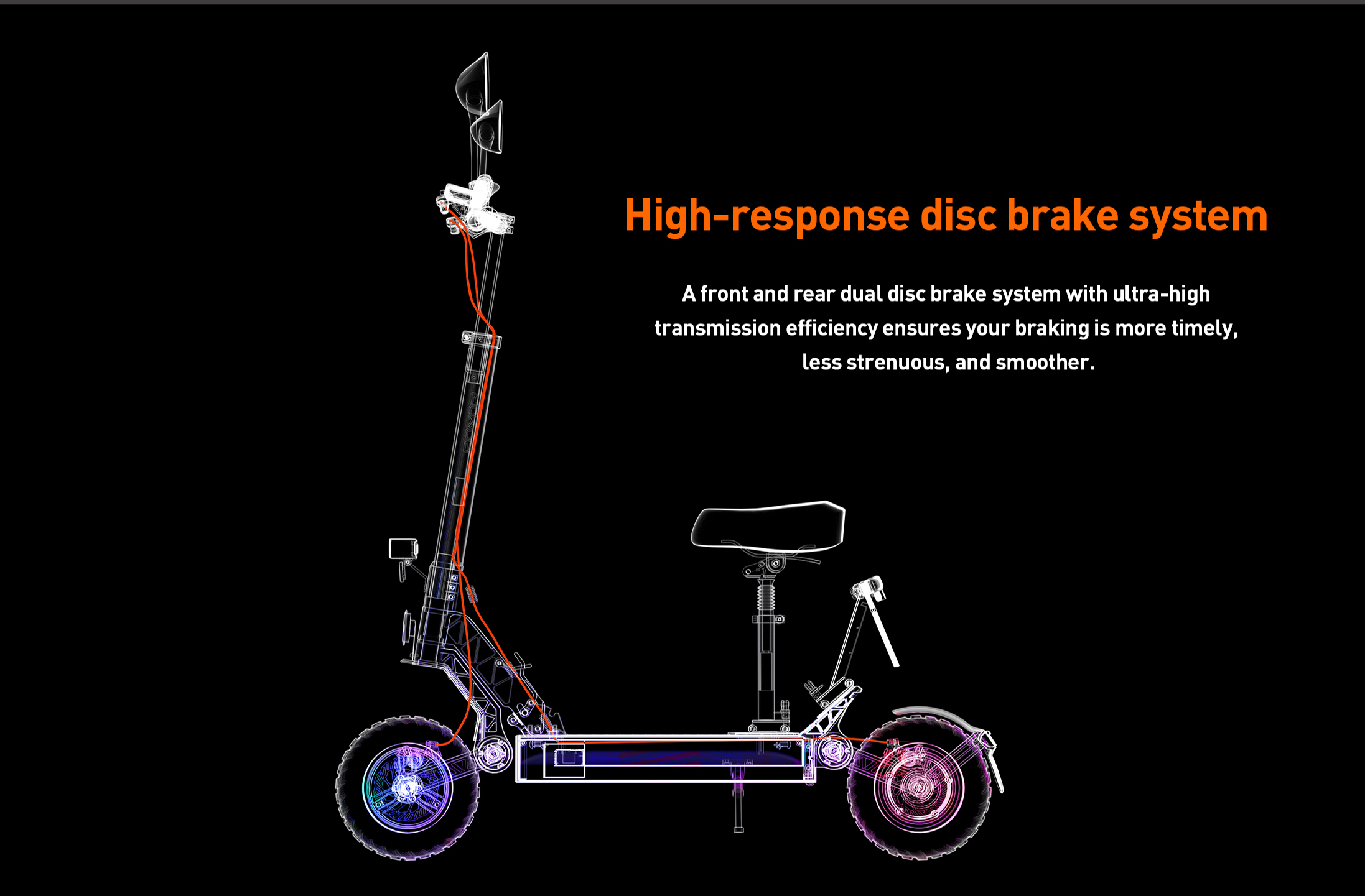 Telaio di uno scooter elettrico con testo sul suo sistema frenante a disco reattivo.