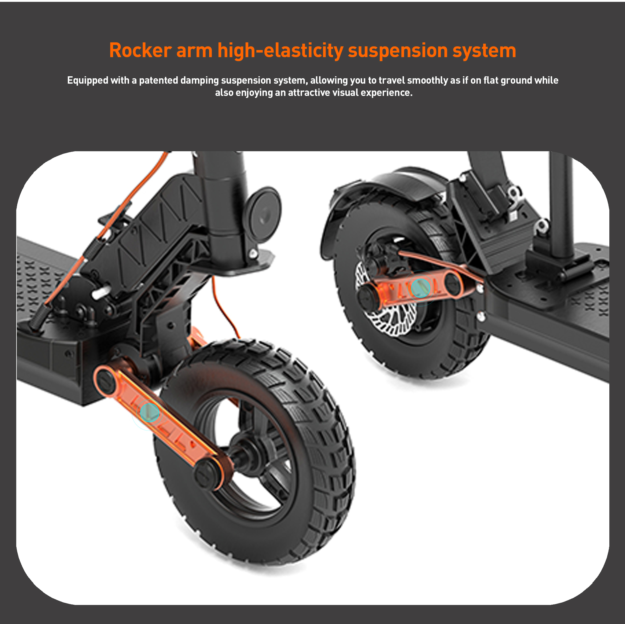 Primo piano del sistema di sospensione di uno scooter con telaio nero e accenti arancioni.