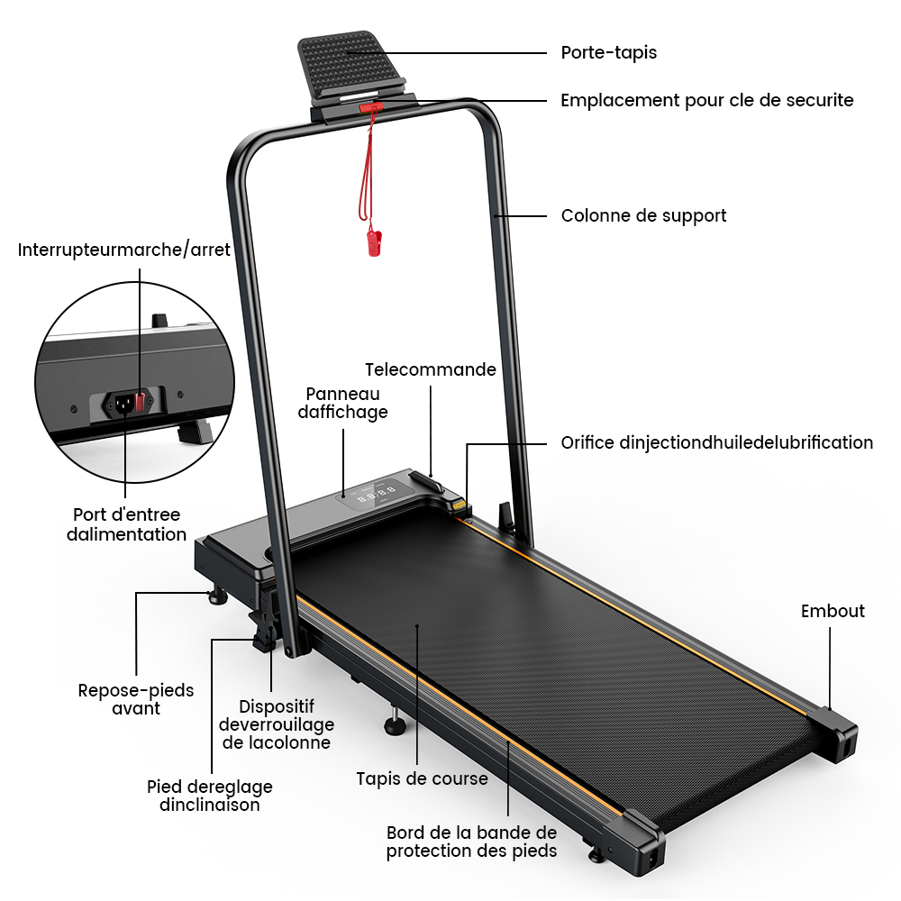 Un tapis roulant nero con display digitali ed etichette in francese.