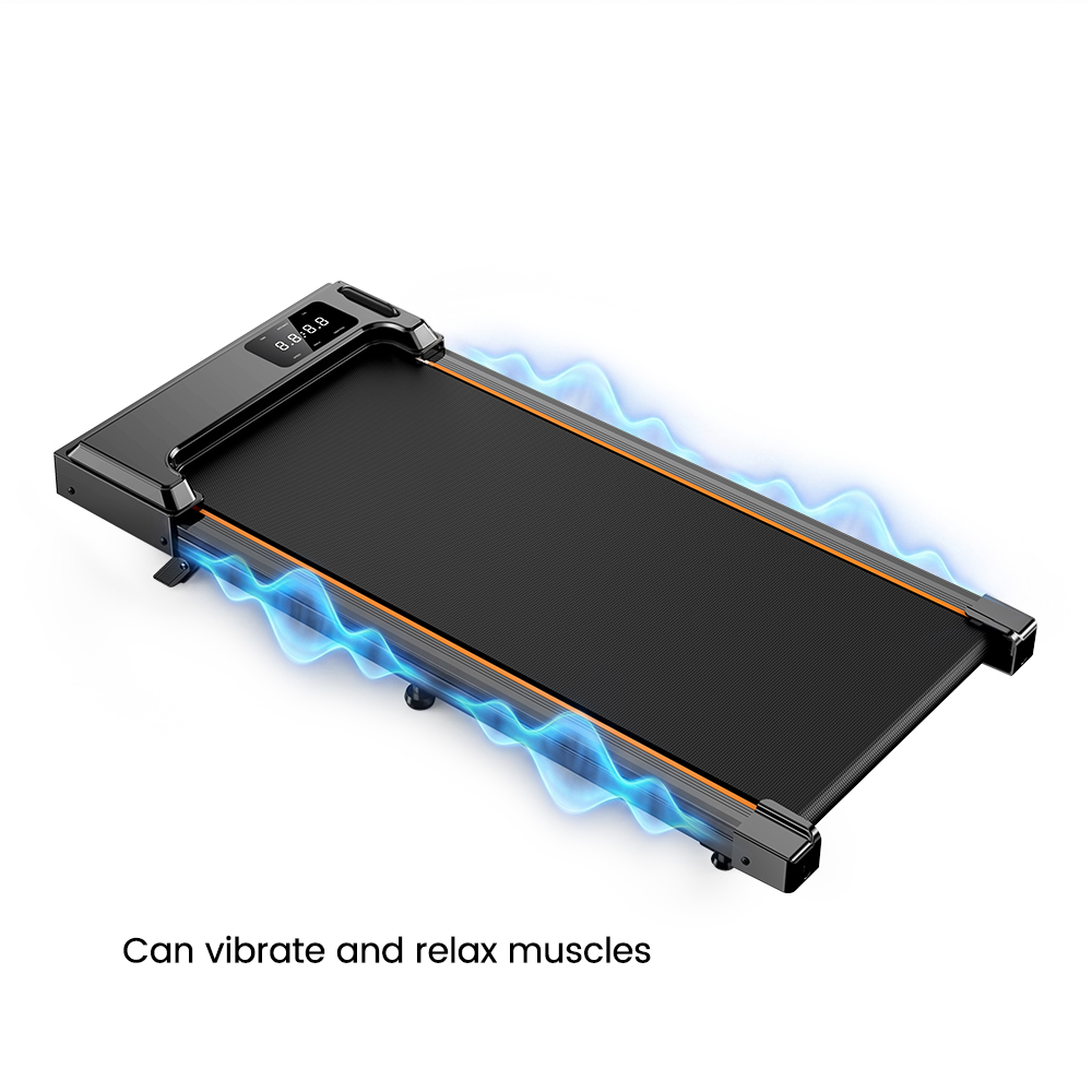 Tapis roulant nero con display digitale e onde blu sui lati.