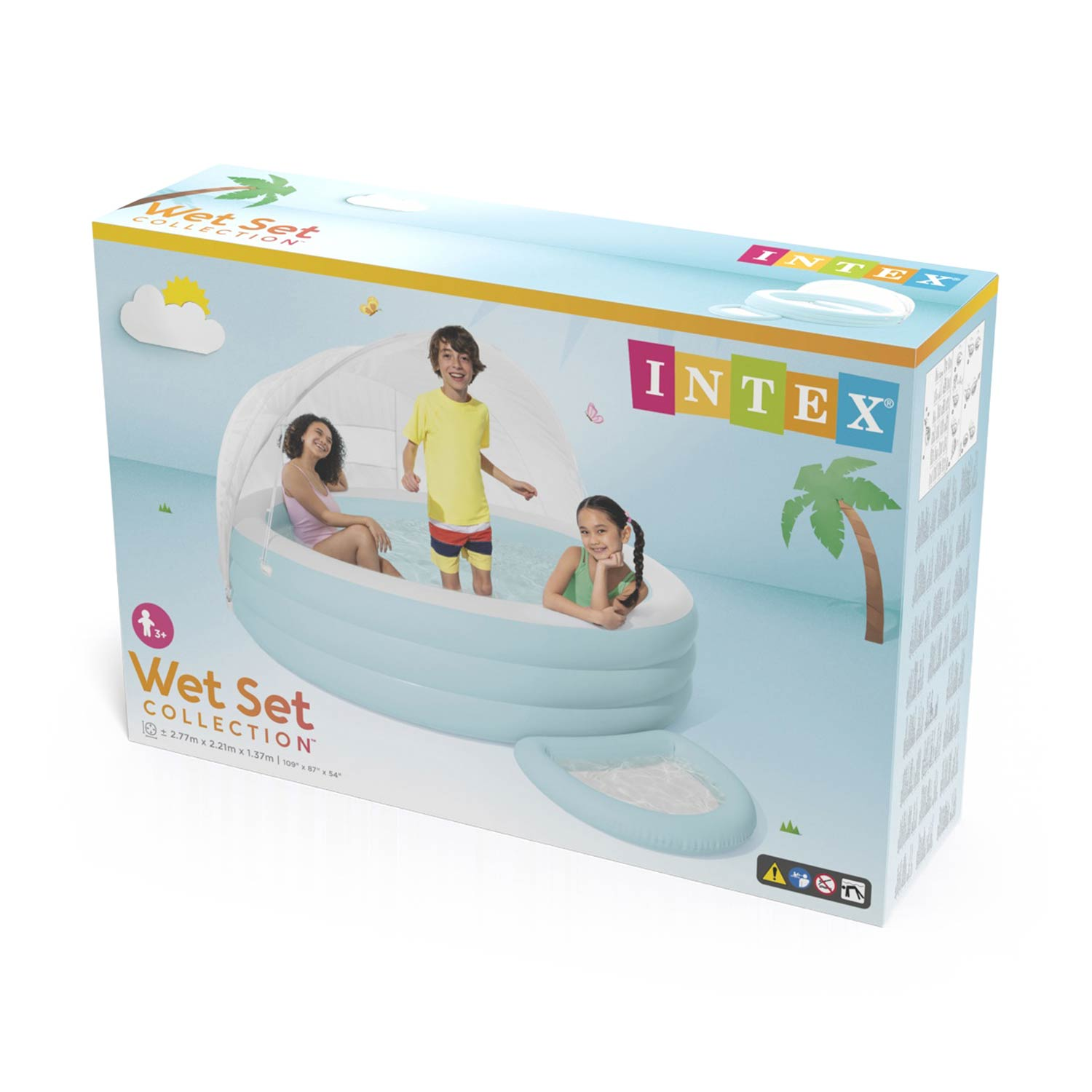 Eine Box für einen Intex Wet Set Collection Pool, die Kinder zeigt, die in einem hellblauen aufblasbaren Pool mit Verdeck spielen.