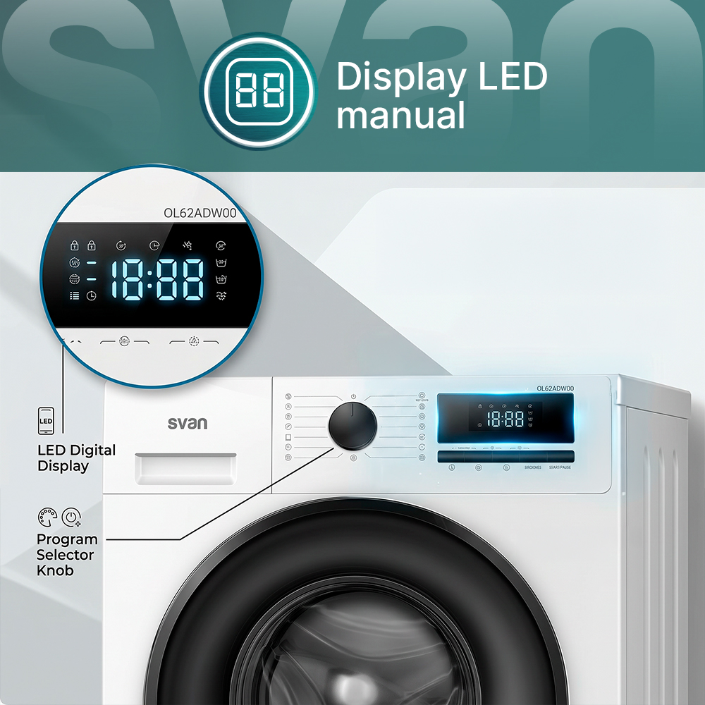 Lavadora blanca con pantalla digital y mando selector de programas.
