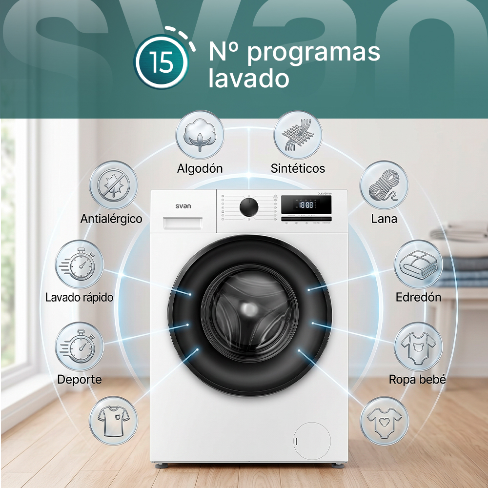 Lavadora blanca con 15 programas: Algodón, Sintéticos, Lana, Edredón, Ropa bebé, Deporte, Rápido, Antialérgico.