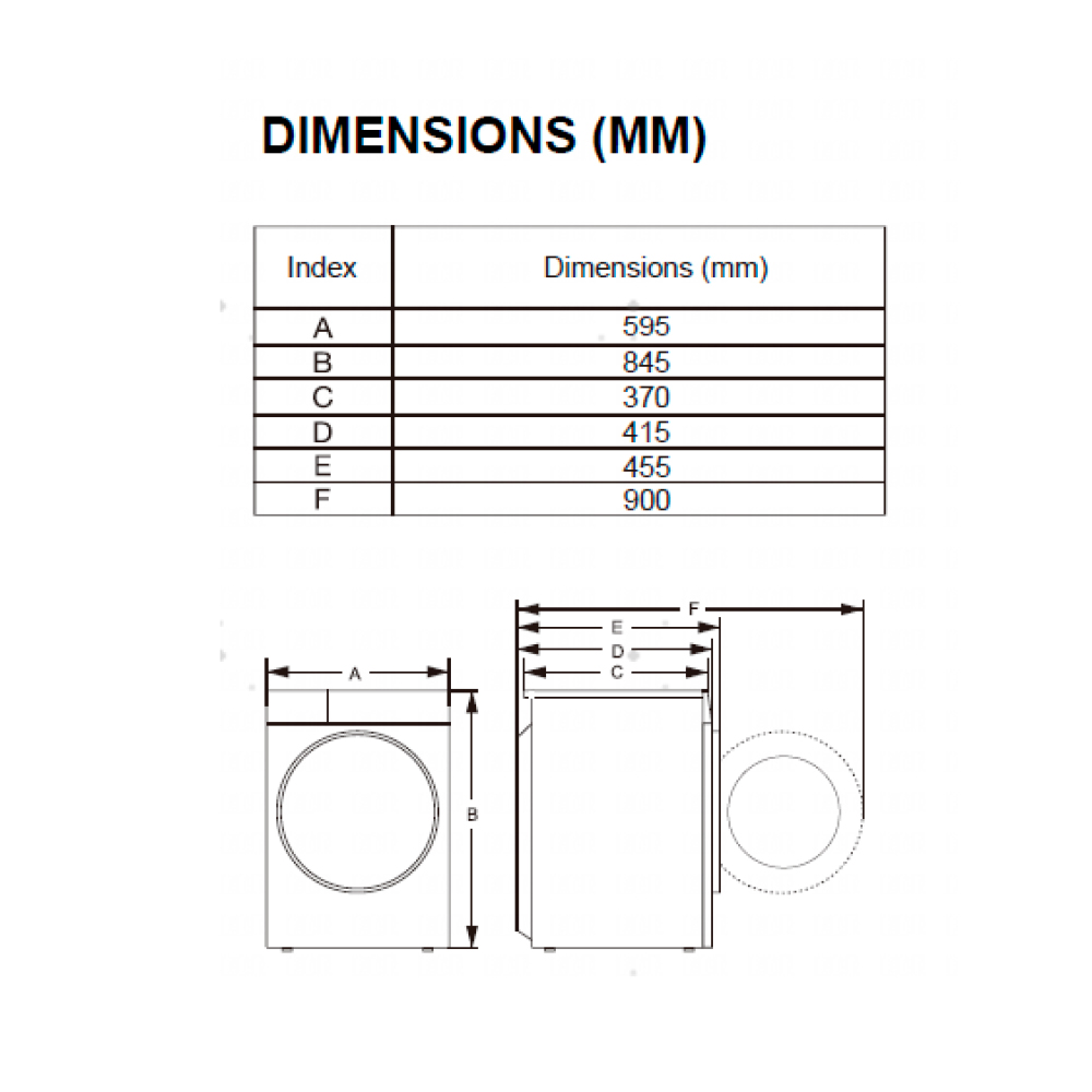 Diagrama que muestra las dimensiones de una lavadora con una tabla de medidas.