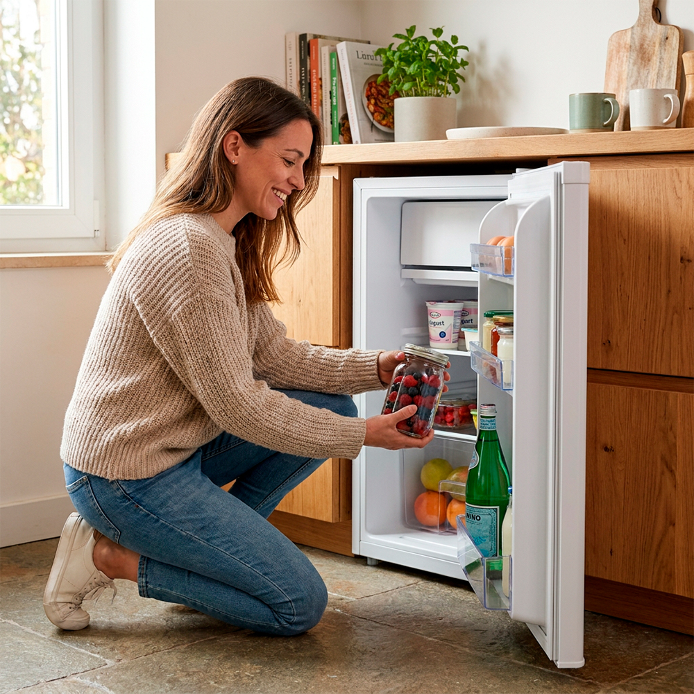 Una mujer se arrodilla frente a un refrigerador abierto, colocando un frasco de bayas dentro.