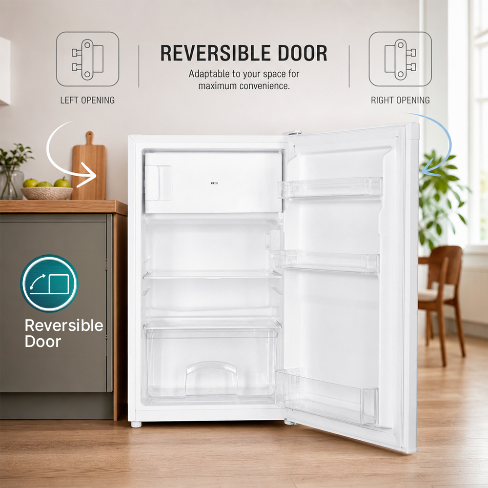 Refrigerador blanco con puerta abierta, mostrando función de puerta reversible.