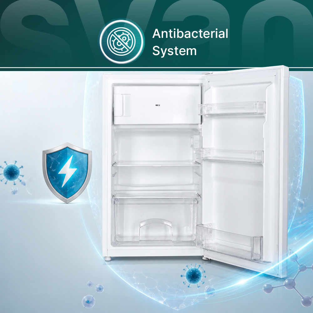 Una nevera blanca abierta con un icono de sistema antibacteriano y un escudo.