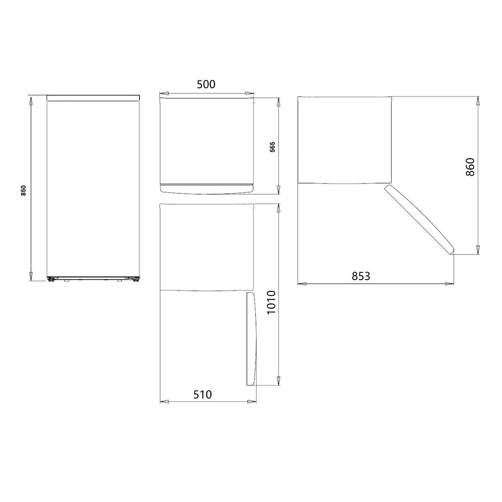 Dibujo técnico de un refrigerador con dimensiones.