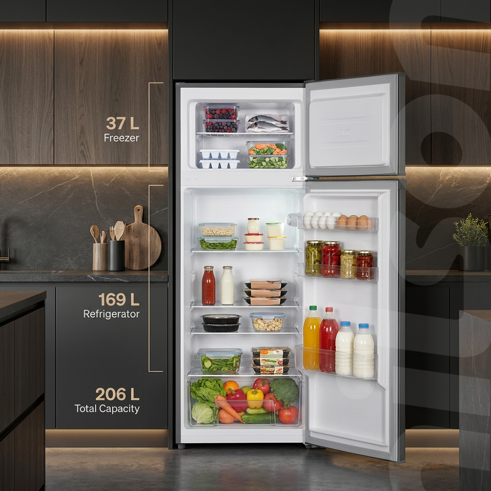 Refrigerador abierto con alimentos en los compartimentos del congelador y refrigerador.