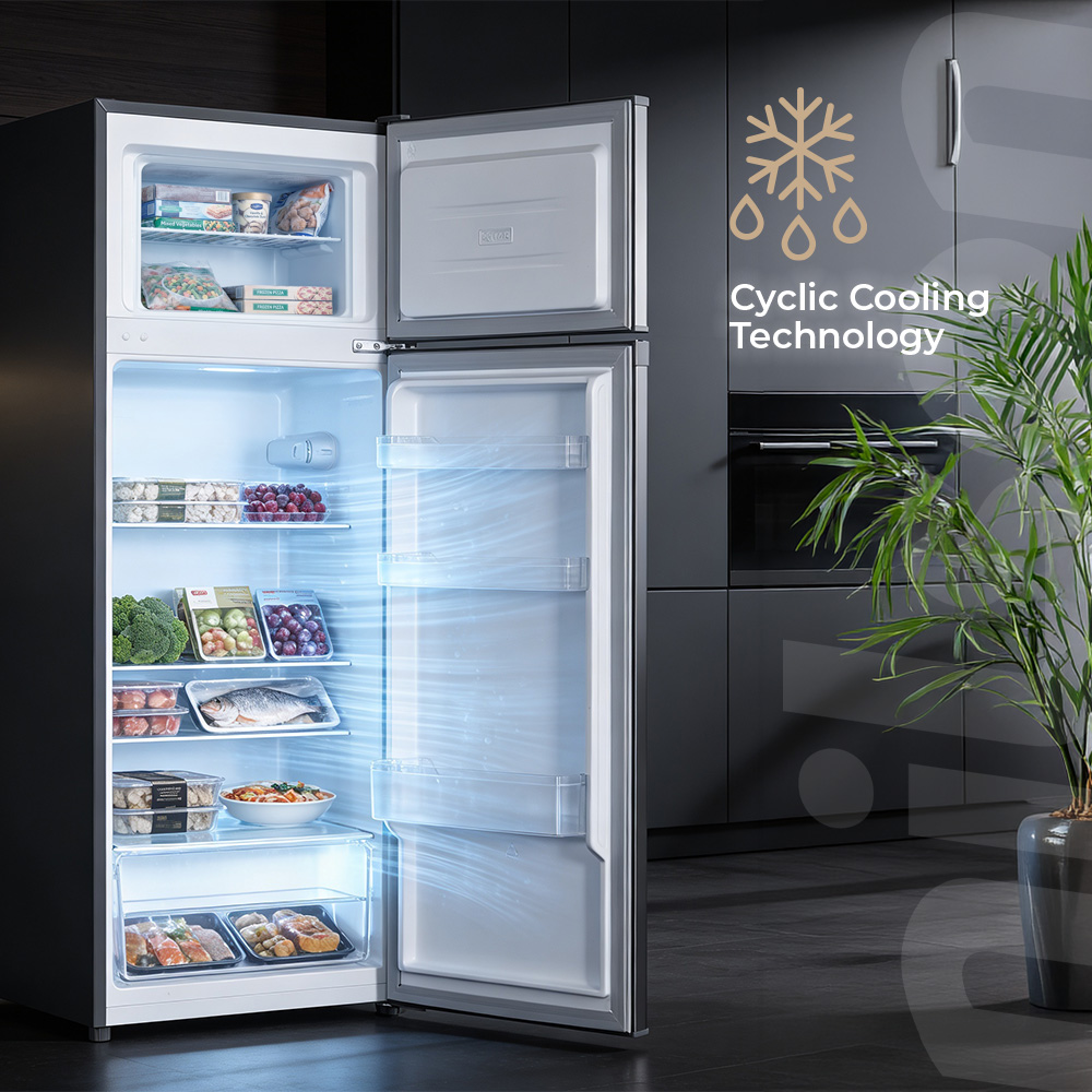 Refrigerador abierto con alimentos congelados, verduras, pescado y comidas cocinadas. Tecnología de Enfriamiento Cíclico.