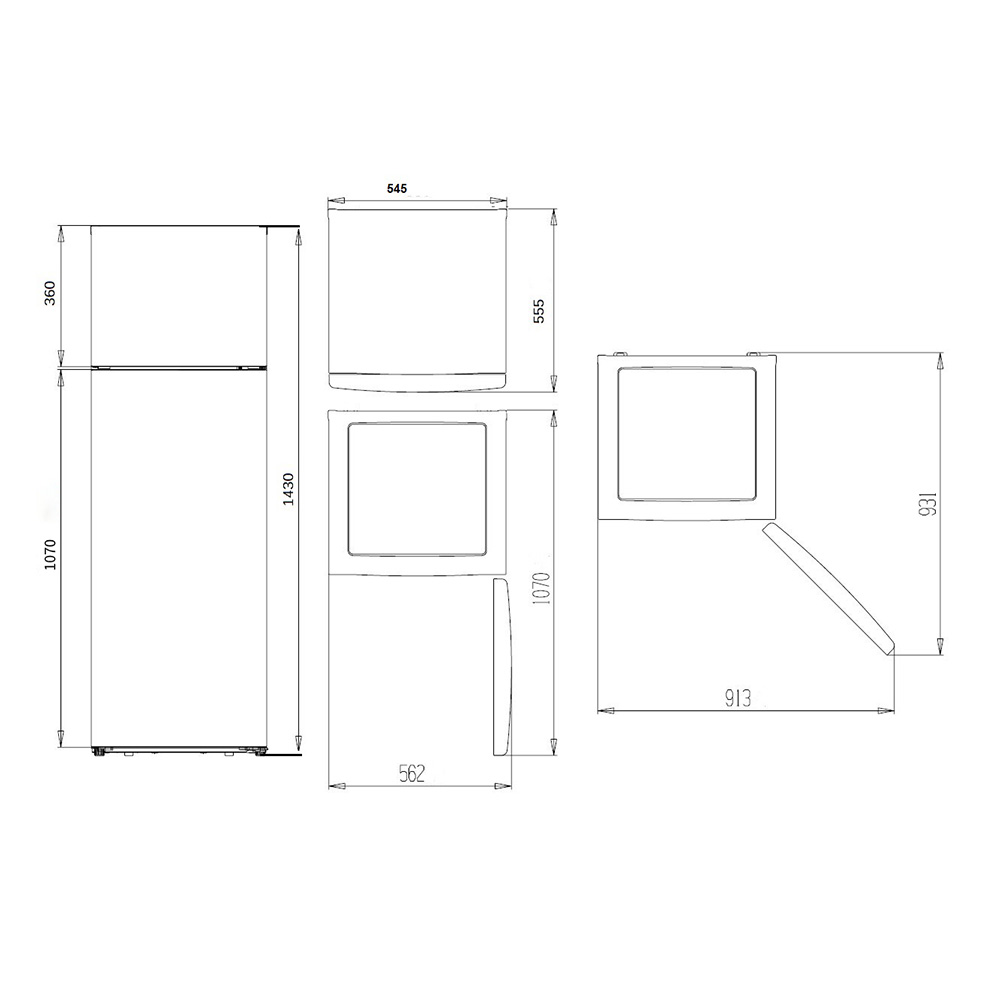 Dibujo técnico de un refrigerador con dimensiones.