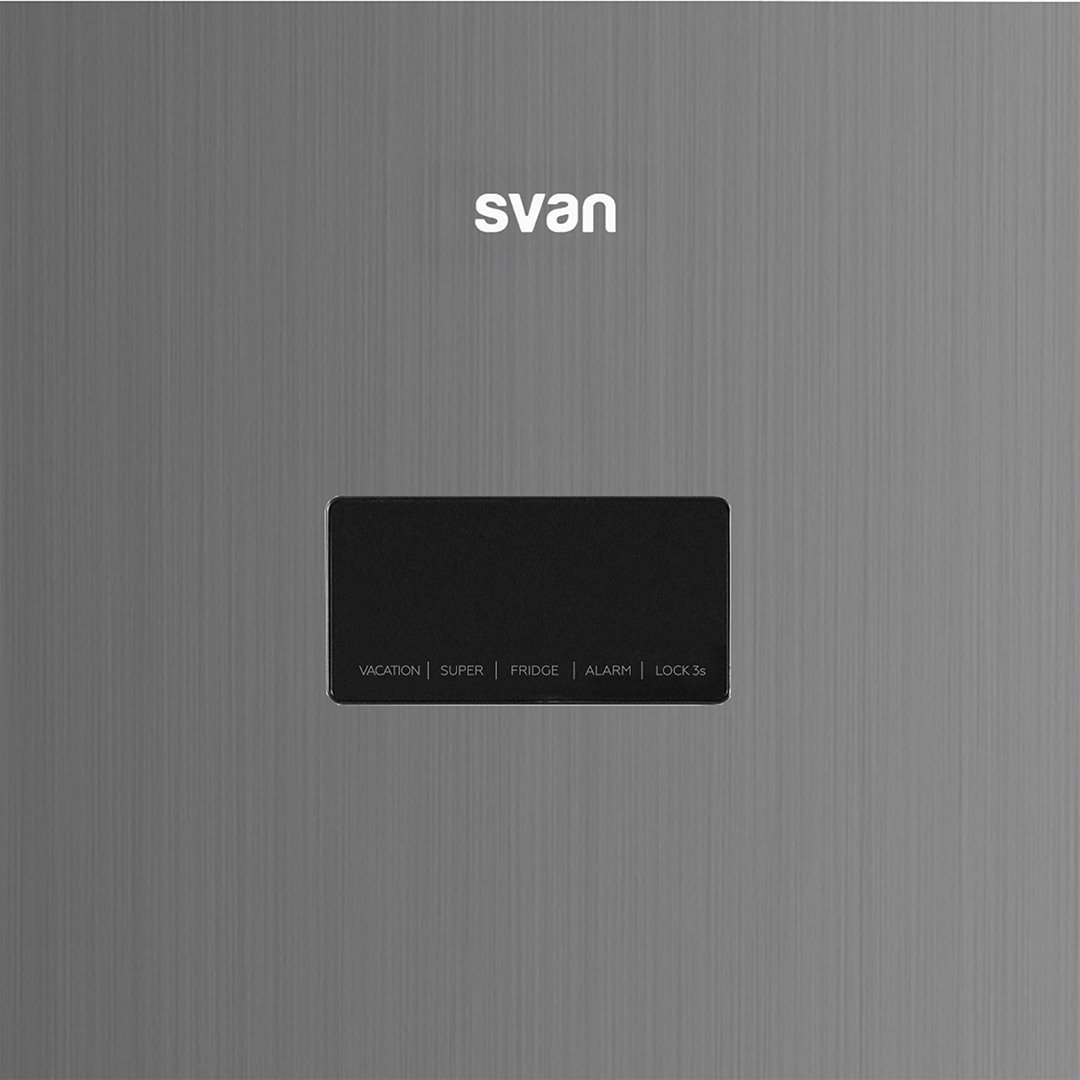 Pantalla gris de refrigerador Svan con botones de Vacaciones, Súper, Nevera, Alarma, Bloqueo.