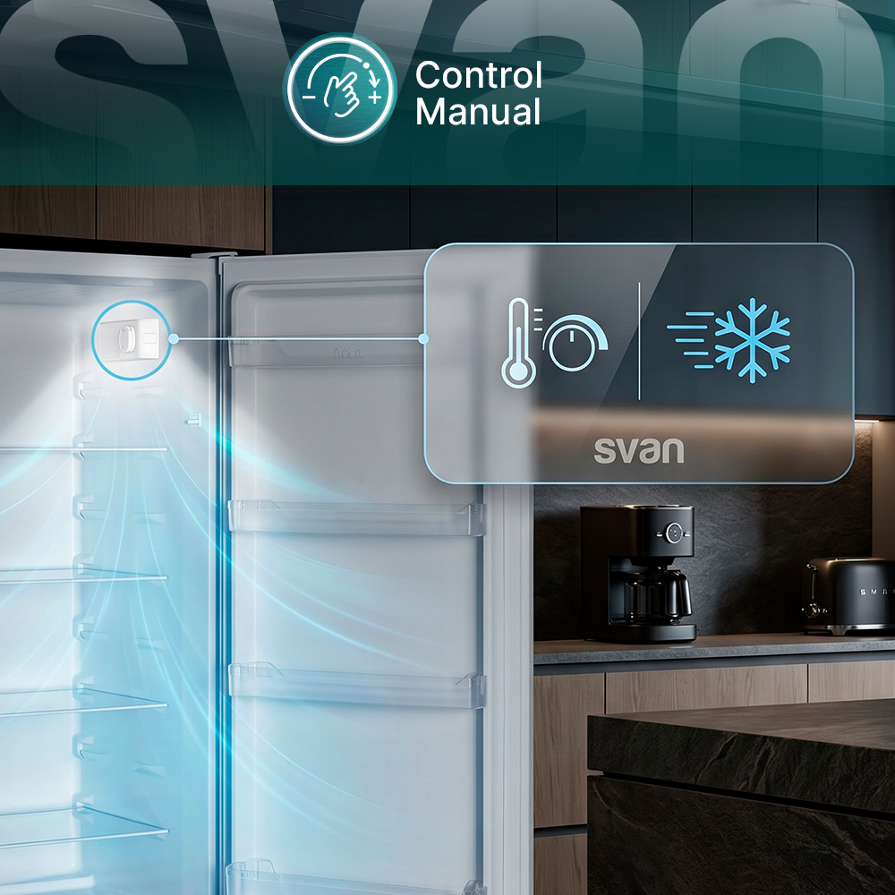 Un refrigerador abierto con iconos detallados de temperatura y frío. Logo Svan.