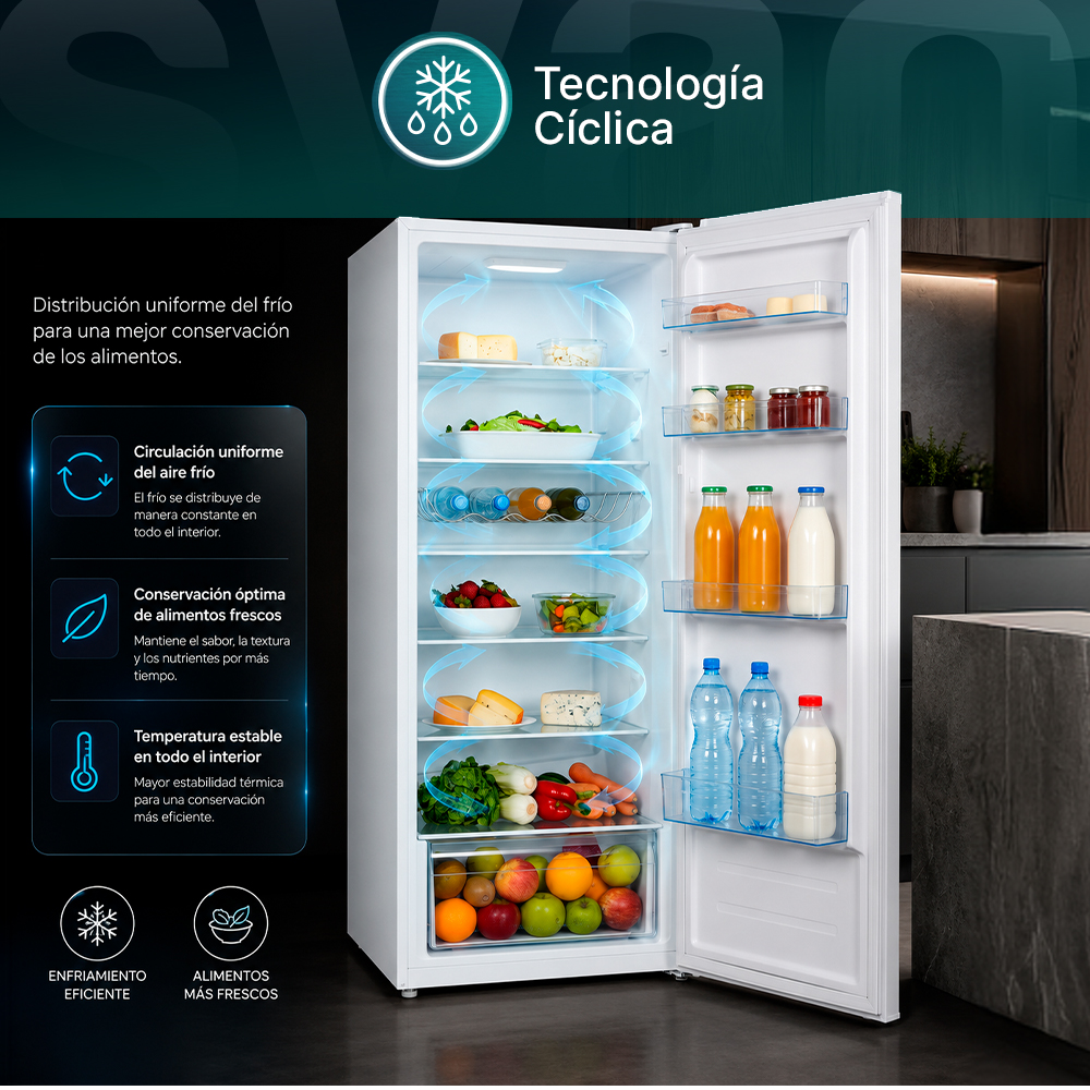 Un refrigerador abierto lleno de comida, con flechas circulares indicando la circulación del aire.