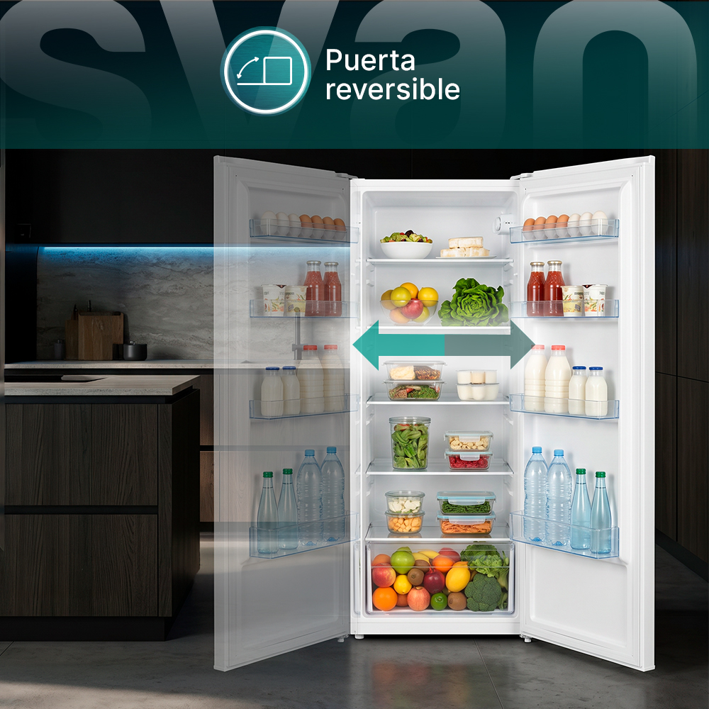 Un frigorífico abierto lleno de comida, huevos y bebidas en los estantes.