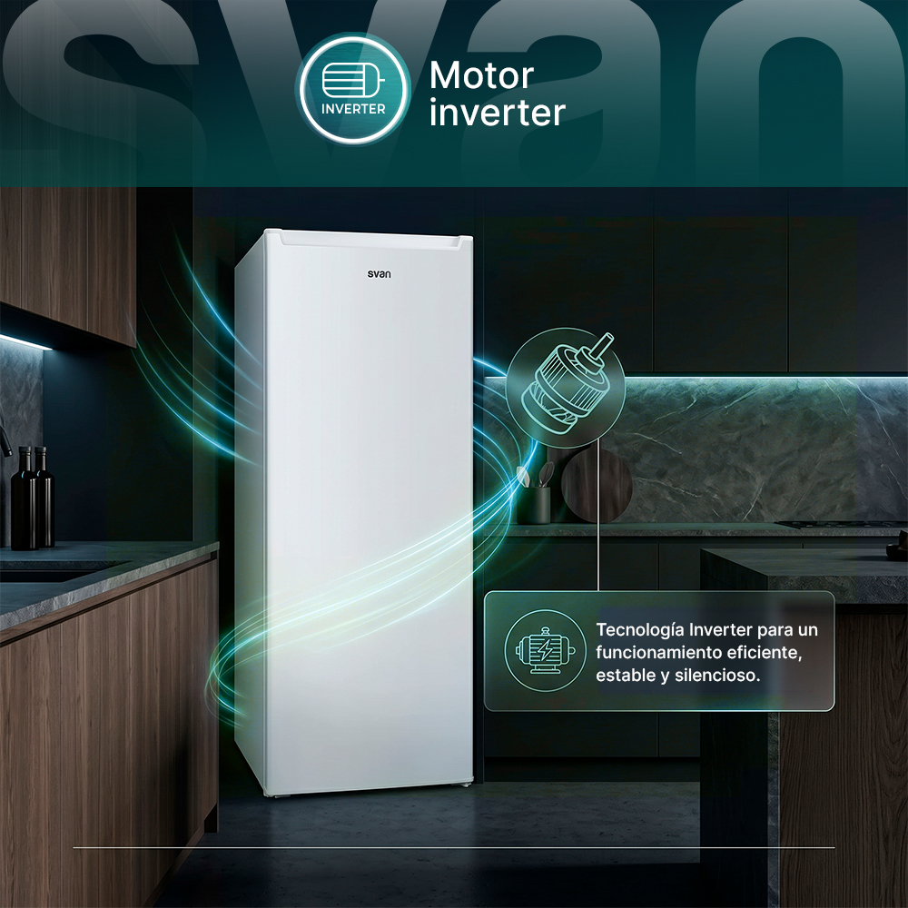 Un refrigerador blanco con tecnología inverter en una cocina moderna.