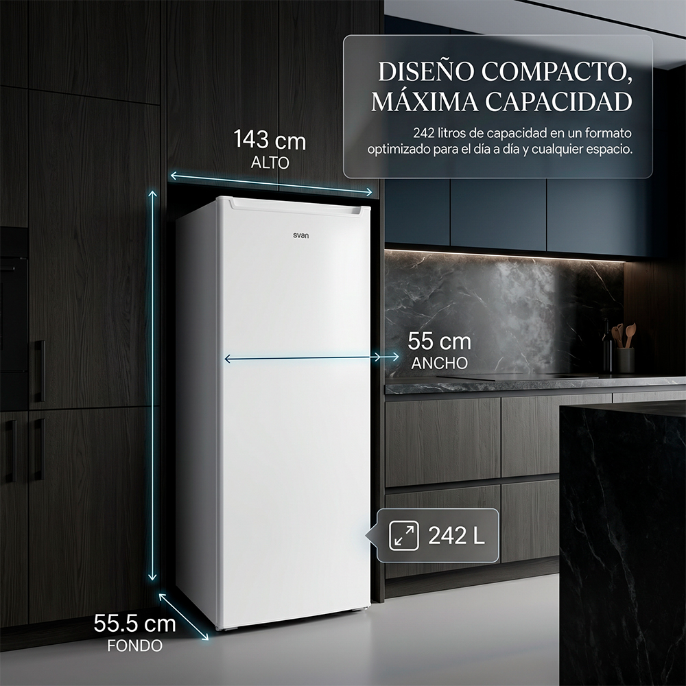 Refrigerador blanco de 242 L, alto 143 cm, ancho 55 cm, fondo 55,5 cm.